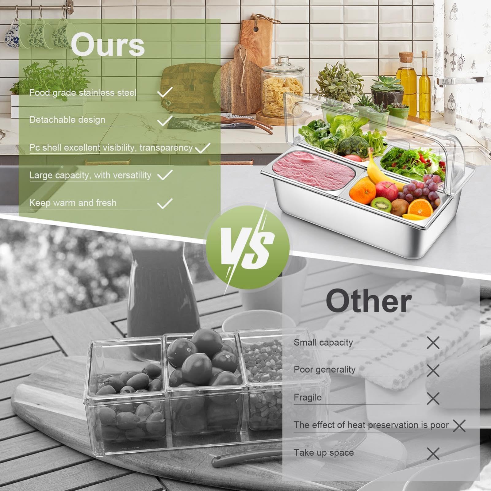 Vitrina de acero inoxidable con cuatro compartimentos para servir alimentos, dispensador de condimentos, bandeja individual de 4 L, para restaurante, hotel, kitch