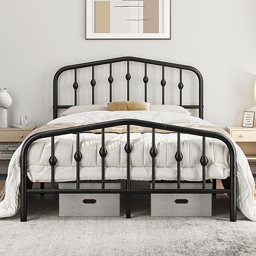 Yaheetech Base de cama tamaño matrimonial, cama de plataforma de metal con cabecera y estribo de hierro forjado de estilo victoriano, fácil montaje,
