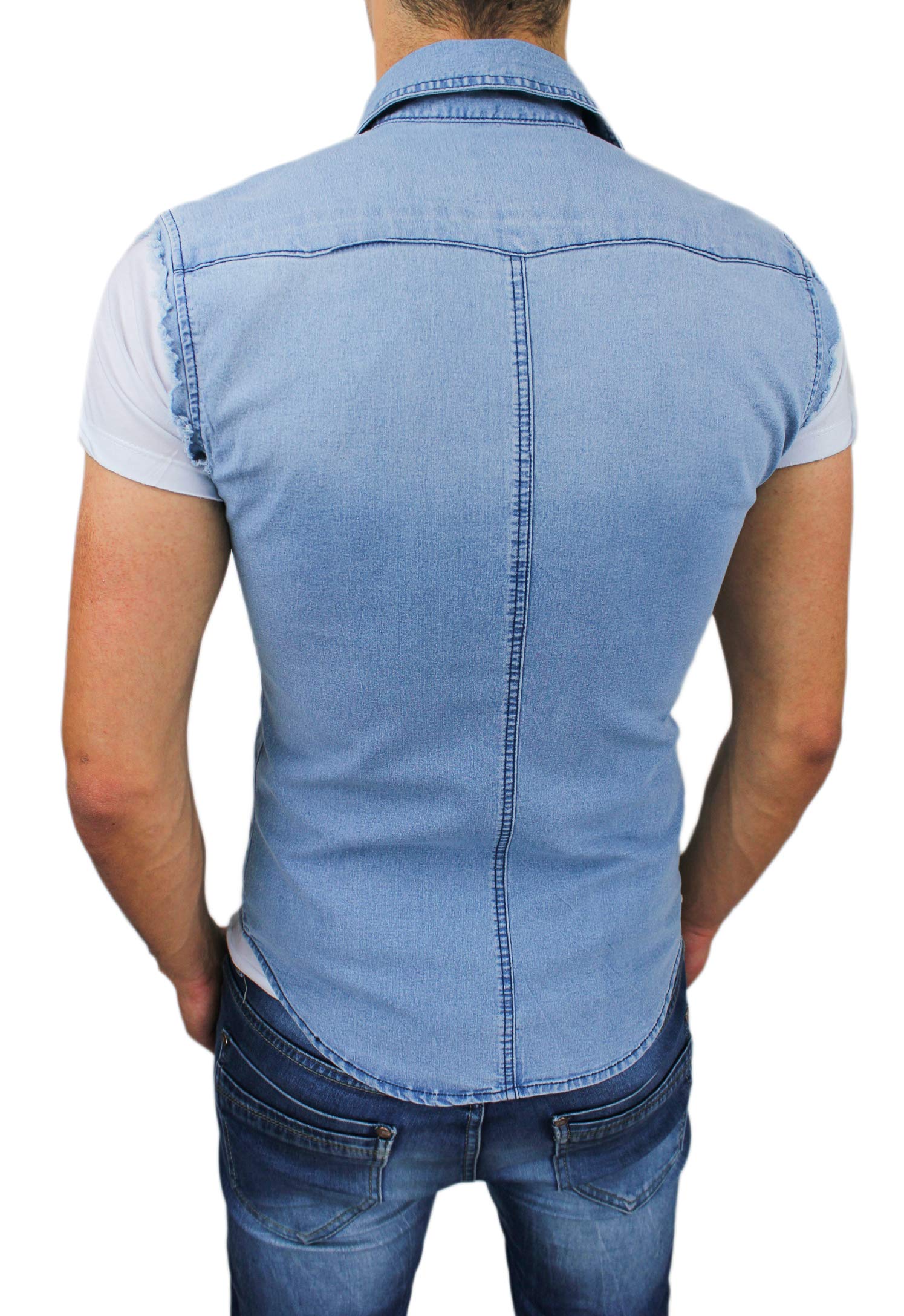 Smanicato Camicia Jeans Uomo Slim Fit Blu Denim Casual Estiva Senza Maniche