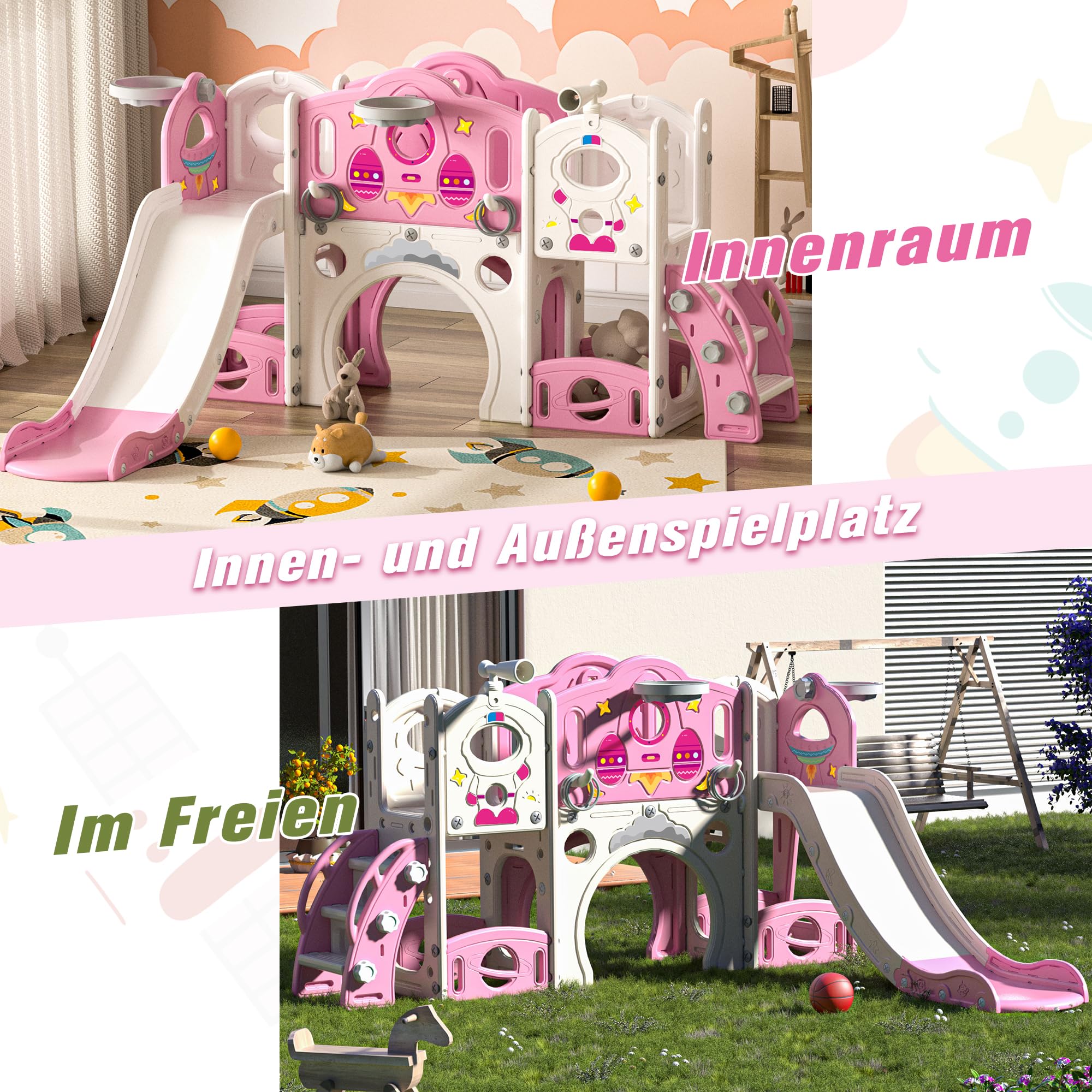 Juego de tobogán para niños 9 en 1 y juego de escalada para patio trasero independiente para niños de 1 a 4 años, con escalera, trastero, túnel, telescopios, caña multifunción
