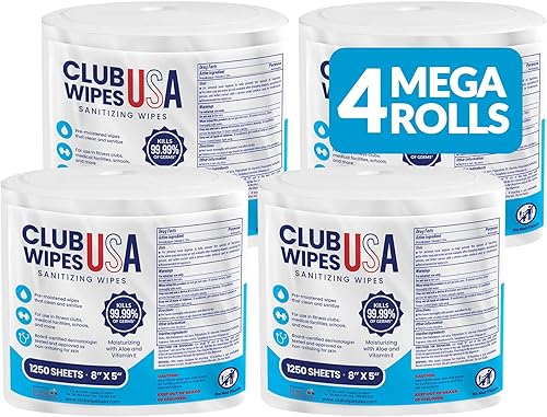 Club Wipes USA Toallitas desinfectantes 5000 toallitas sin perfume 8 x 5 pulgadas 4 mega rollos de repuesto para soporte de suelo y dispensadores de
