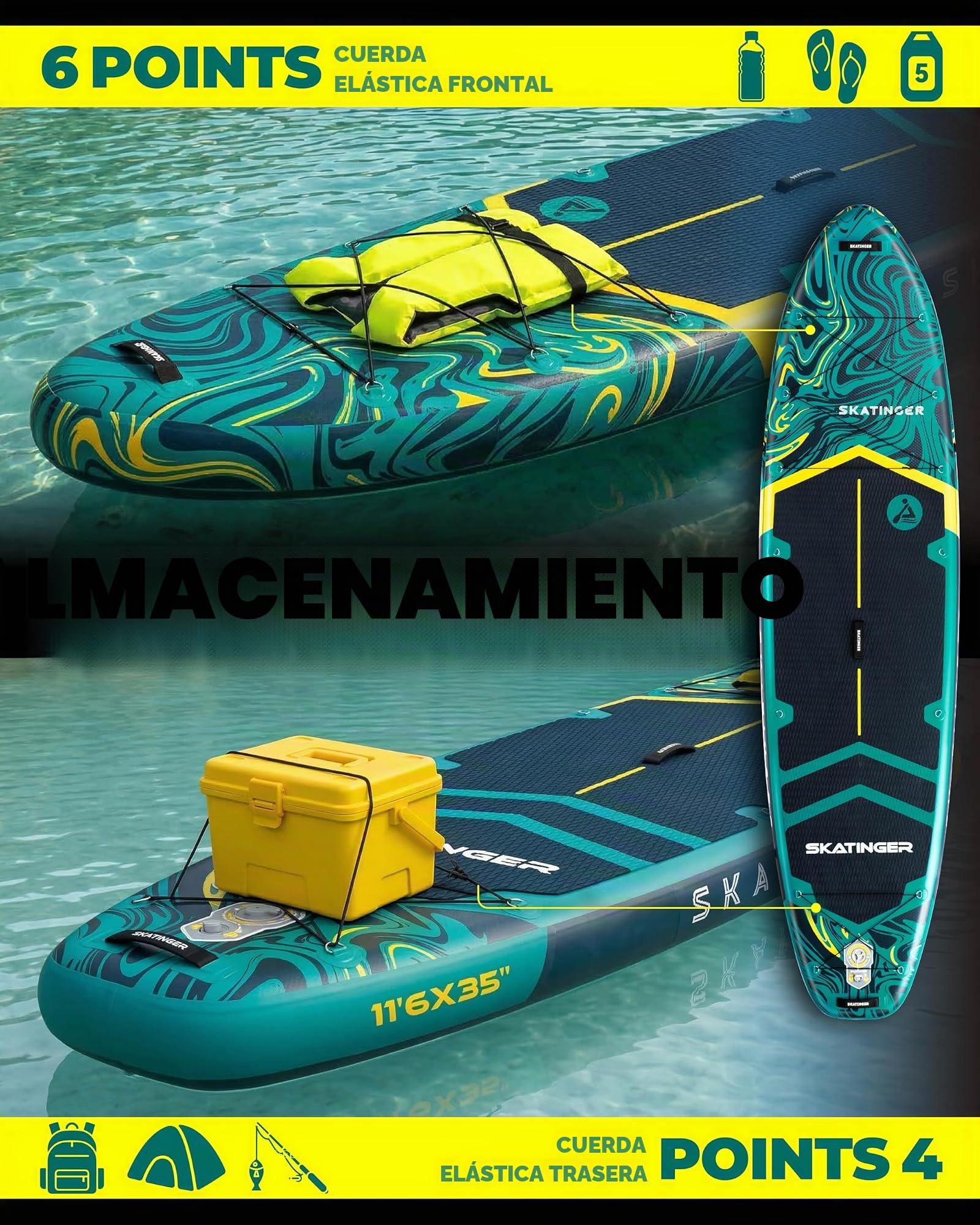 Skatinger Tabla de Remo Inflable extraancha de 335 x 86 cm, soporta hasta 190 kg, para Adultos, Sup Estable para 2 Personas/Familia, Remo de 3 Piezas, Correa para el Hombro, quilla Estadounidense