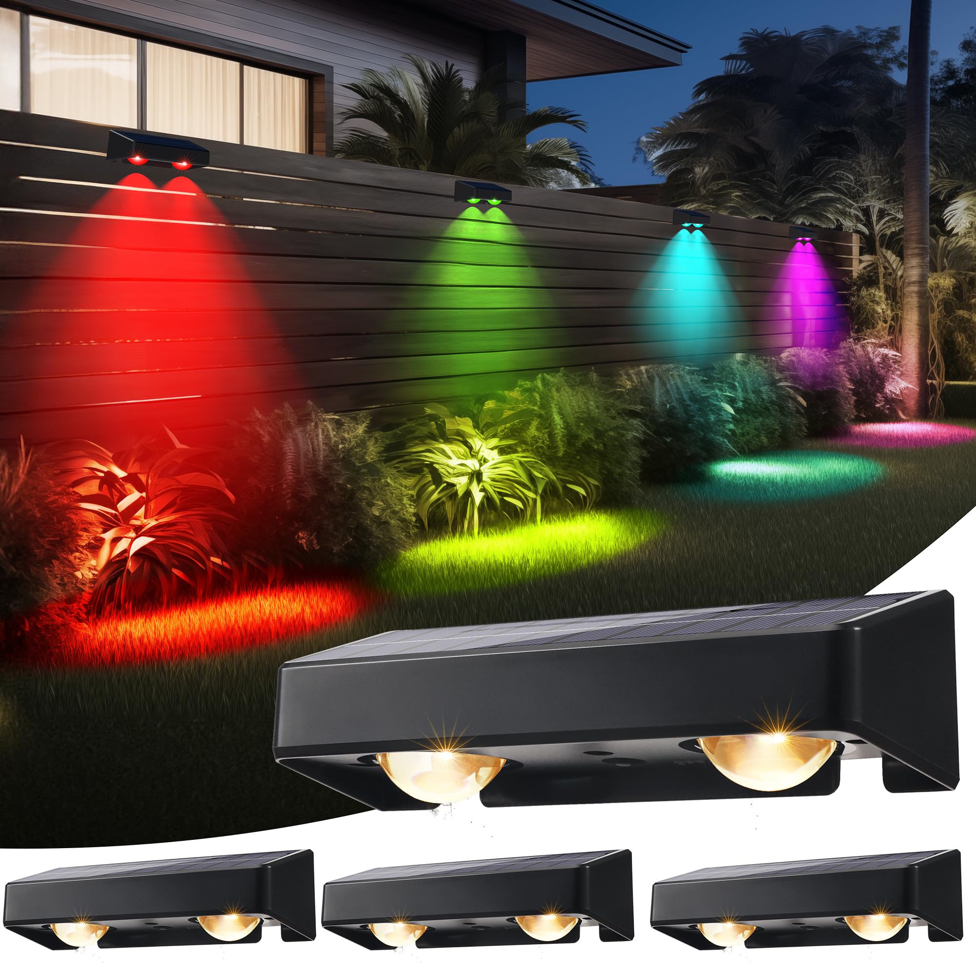 BrizLabs Luz Solar Jardin, 4 Piezas LED Luces Solares Exteriores 11 Modos Impermeable Aplique Pared Exterior Lampara para Valla Patio Escaleras Terraza, Blanco Cálido/Blanco Frio/Cambian de Color