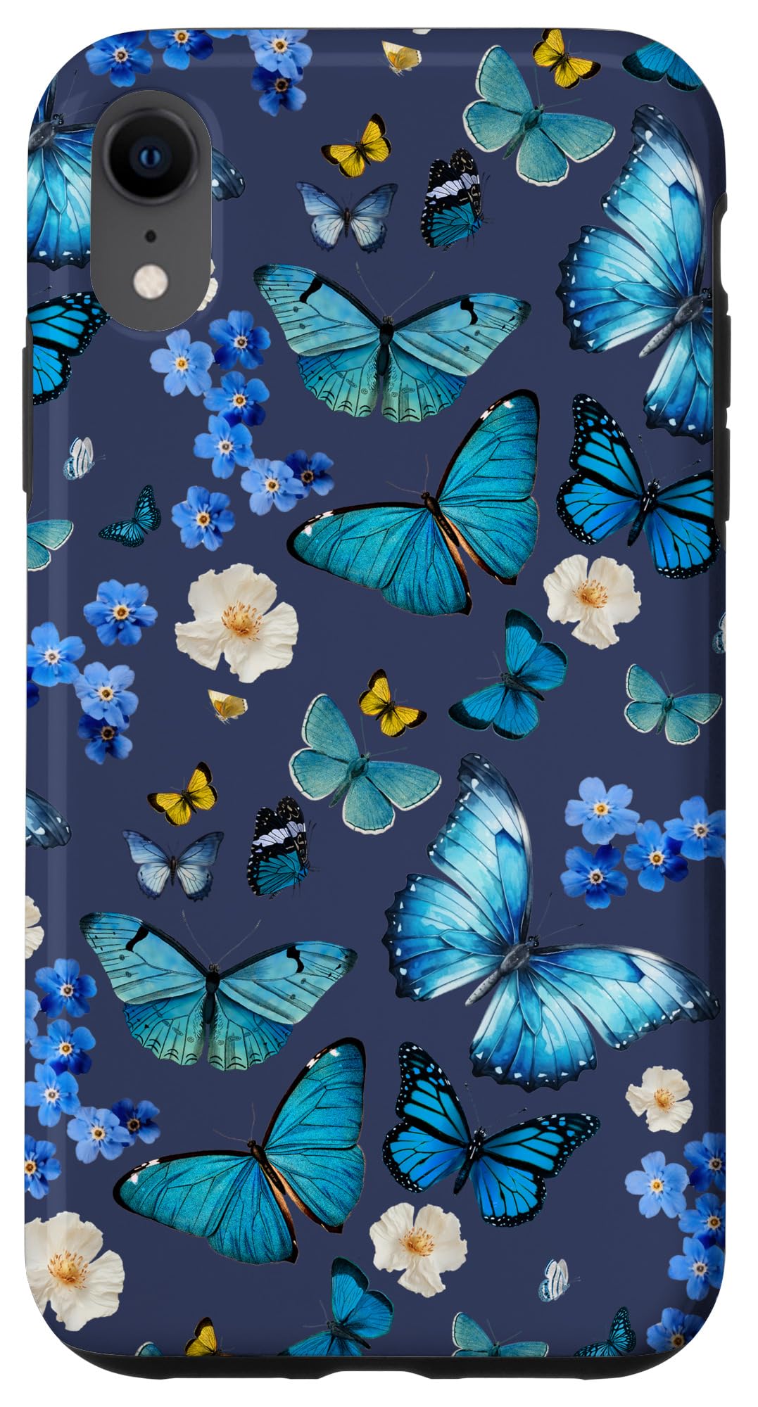 Amazon.co.jp: iPhone XR ネイビー ブルーに青い蝶、ダニティの花柄