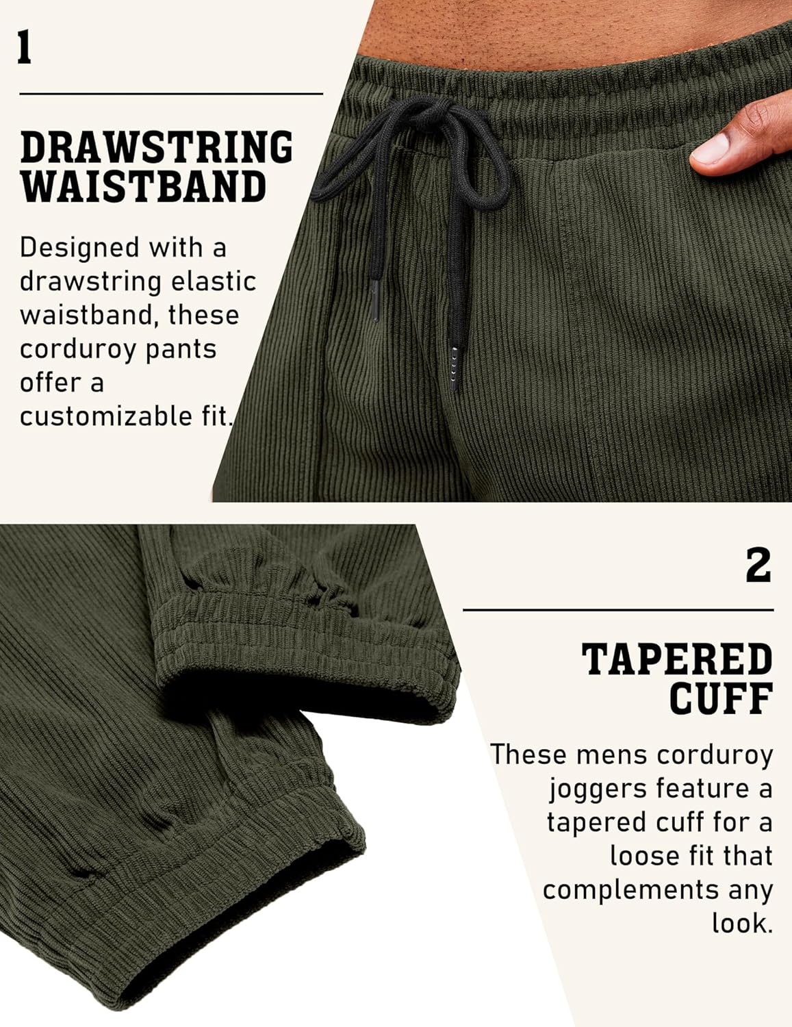 COOFANDY Men's Corduroy Pants Casual Drawstring Trousers Elastic Waist Fashion Tapered Streetwear Joggers with Pockets - Image 4