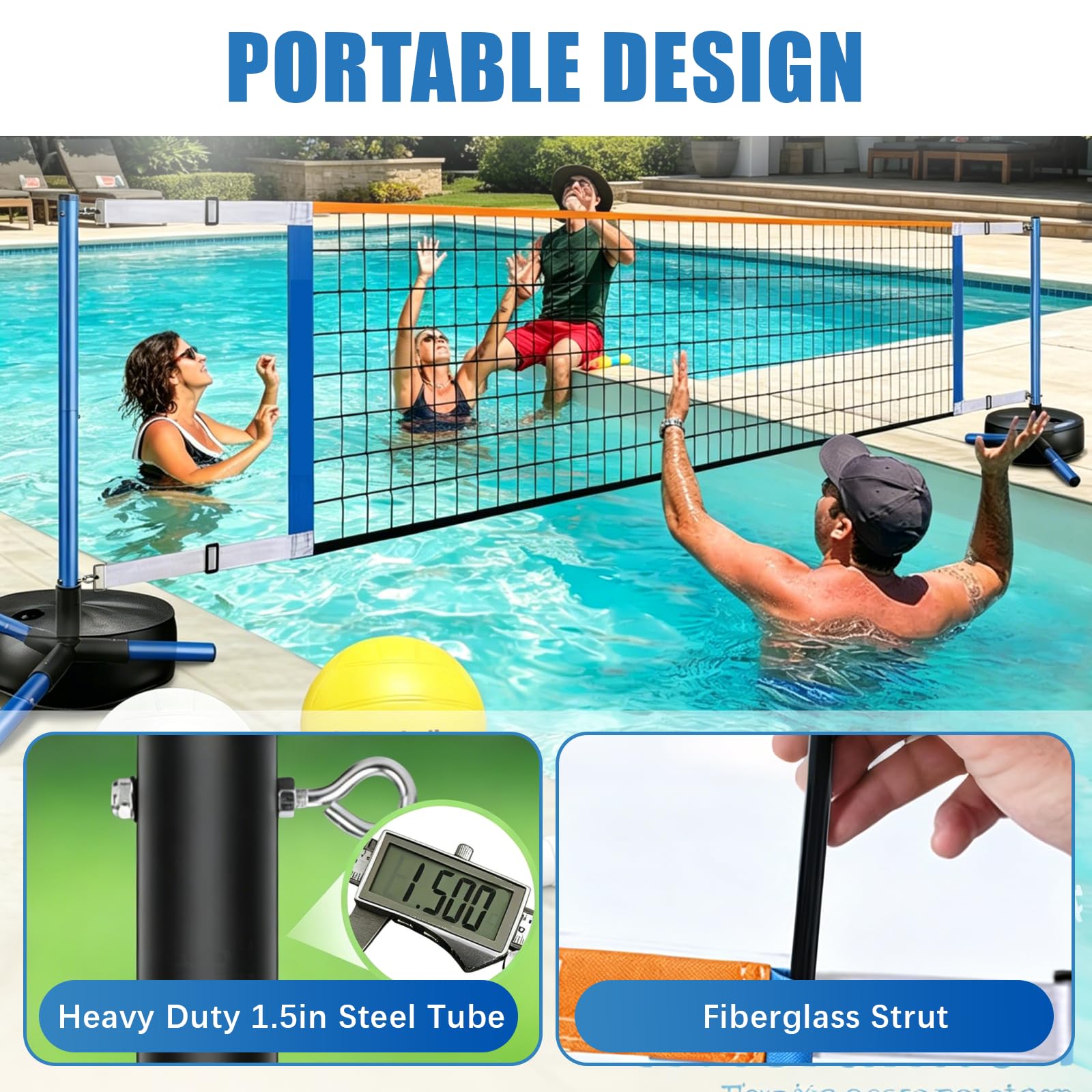 Ensemble De Volleyball Aquatique, Filet Portable pour Adultes avec Sac à Eau De 20l Et Pompe à Air pour des Parties De Piscine Estivales Longueur RéGlable De 4,5 à 7,6 M