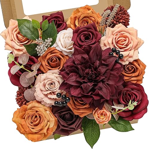 Miniatura 9 de Serwalin Flores artificiales naranja burdeos, flores de otoño, flores falsas de boda, flores de torta para ramos de boda, centros de mesa de