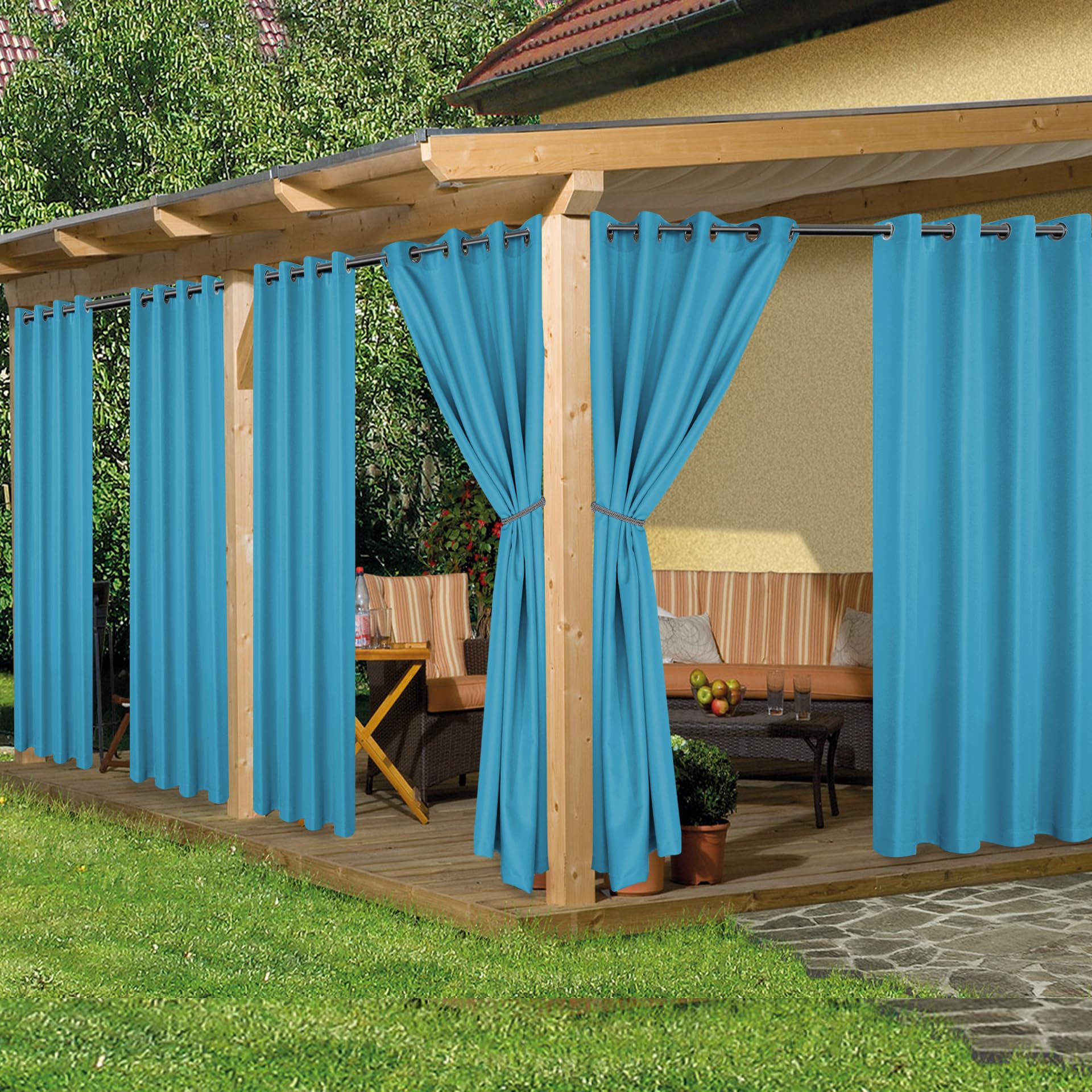 HolidayIdeas Outdoor Curtains for Patio Waterproof, 6 Panels - 54x84 Inches - Weatherproof Privacy Outsides Curtains for Cabana Porch Pergola, Sunlight & UV Blocking (Teal, Grommet Top)