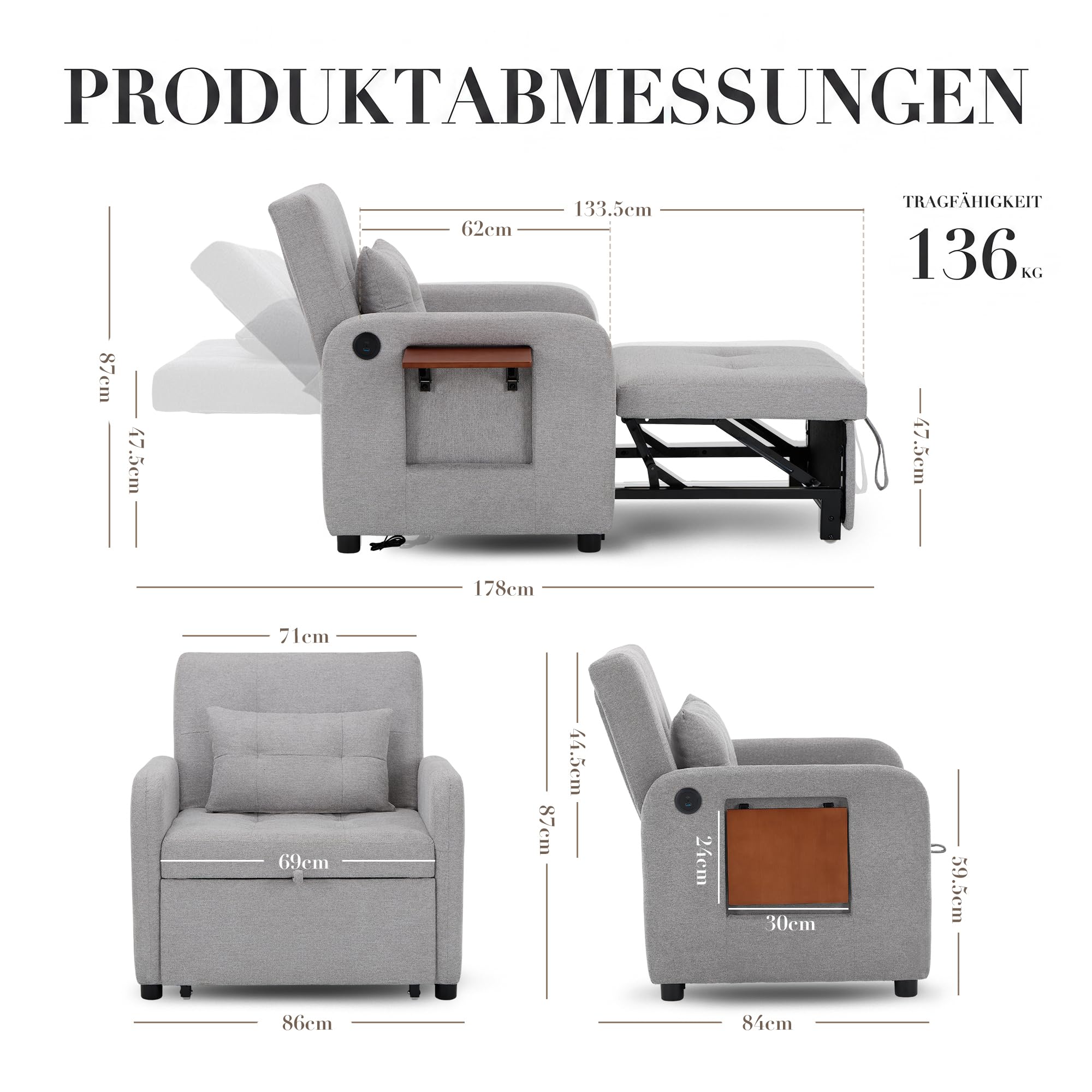 COLAMY Verwandelbarer Schlafsessel Stoff Futon Sofa Bett, Einzel Schlafsofa mit USB Anschluss, klappbarem Tisch, Kissen und Verstellbarer Rückenlehne für Wohnheim, Schlafzimmer, Hellgrau