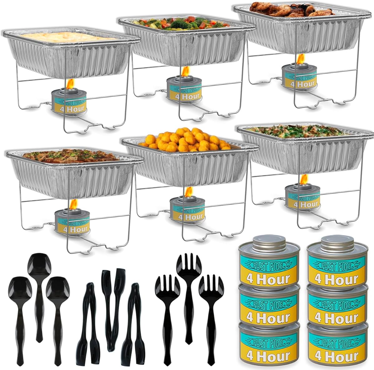 Disposable Chafing Dish Buffet Set – 6 Pack Half Size | Patented Foldable Wire Racks, 4-Hour Fuel Cans, Aluminum Food & Water Pans, Serving Utensils | Reusable or Disposable | Food Warmers for Events