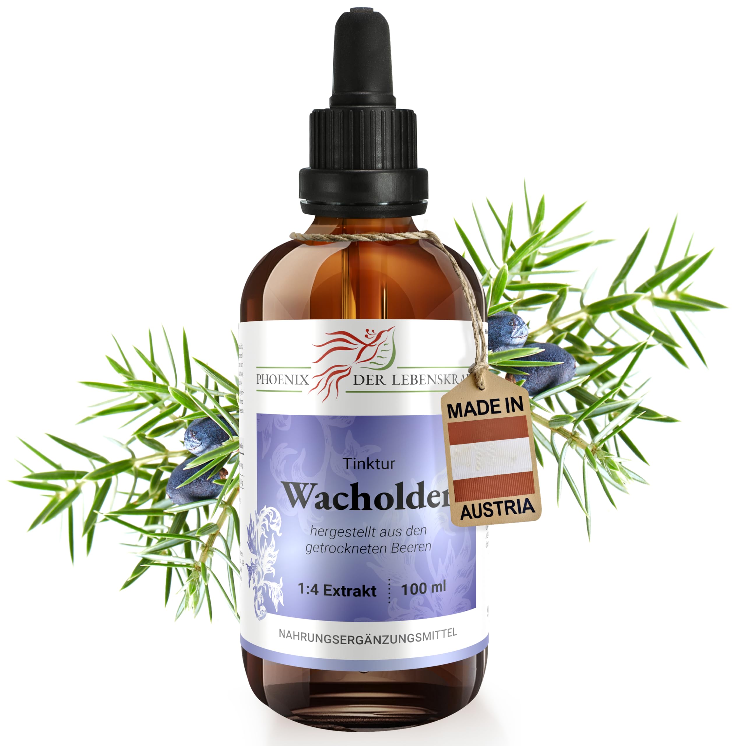 Wacholder Tinktur, 100 ml, Juniperus communis Tropfen (1:4 Extrakt), Premium Qualität, Hergestellt in Österreich, Nahrungsergänzungsmittel, Vegan