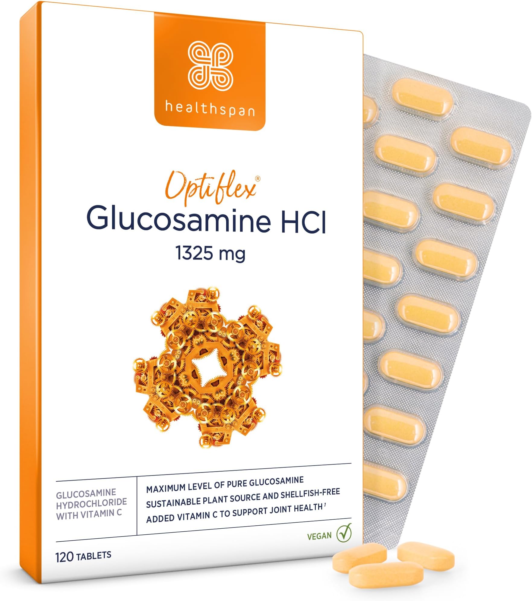 Healthspan Optiflex Glucosamine HCI 1,325mg with Vitamin C | 120 Tablets | Joint Health | Shellfish Free | 40% More Glucosamine Per Gram Than Glucosamine Sulphate | 20mg Vitamin C | Vegan