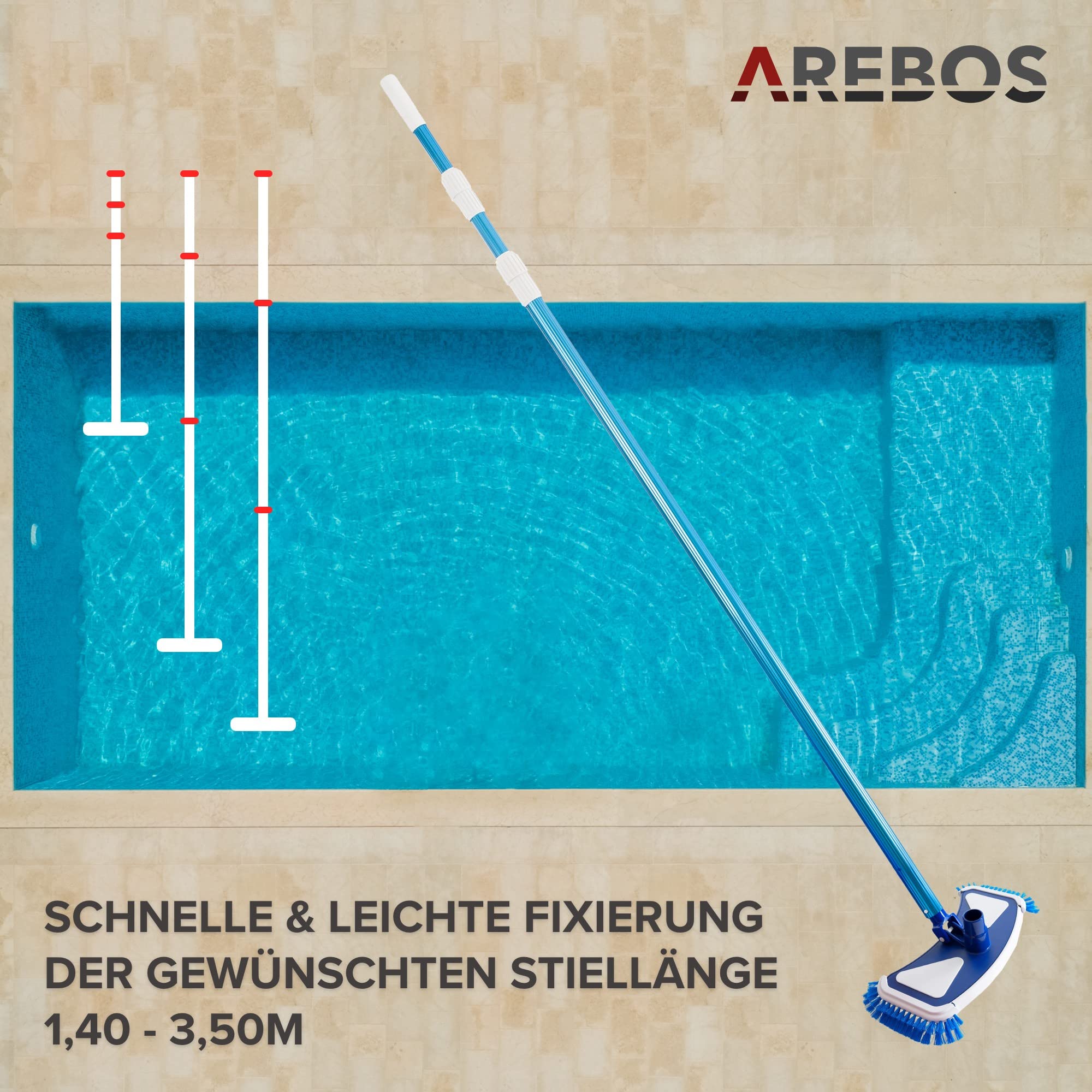 Arebos Poolbürste | Poolreiniger | Pool| Bodenreiniger | Saugbürste | Teleskopstange | Poolsauger mit Schlauch | Sauger für Poolboden | manueller Poolsauger