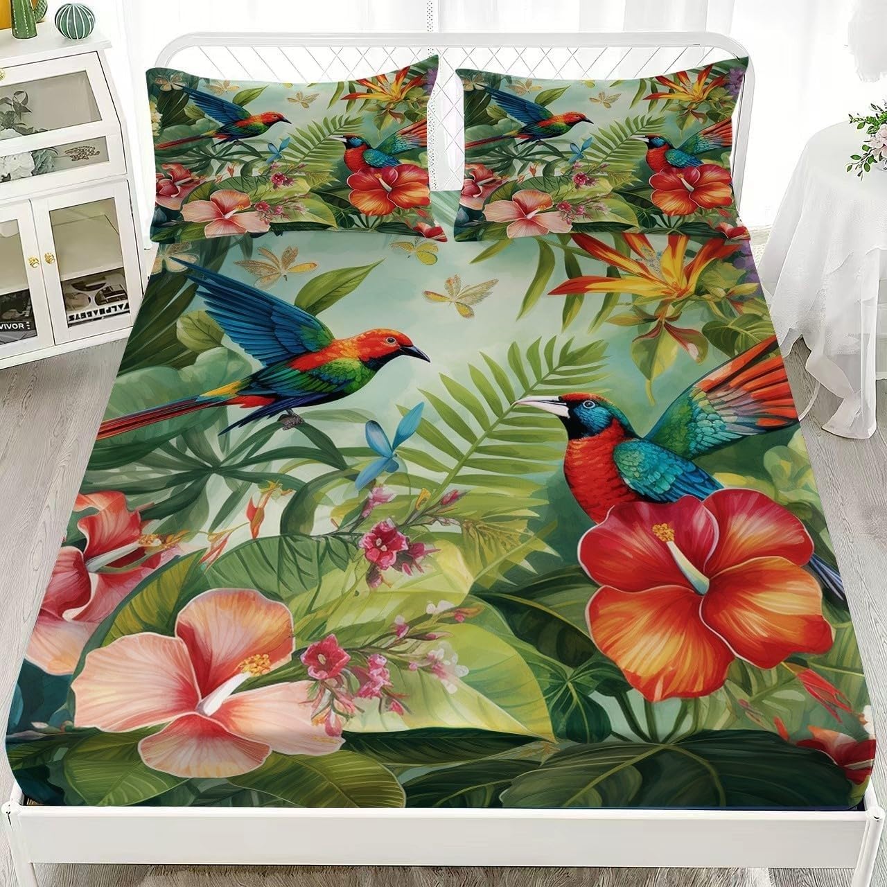 Bird Single Fitted Sheet Flowers Bed Sheets Deep Pocket 12 inch (30 cm) Soft Cozy 3 Piece Microfibre Bed Sheet 90x190 cm with 2 Pillowcases 50x75 cm
