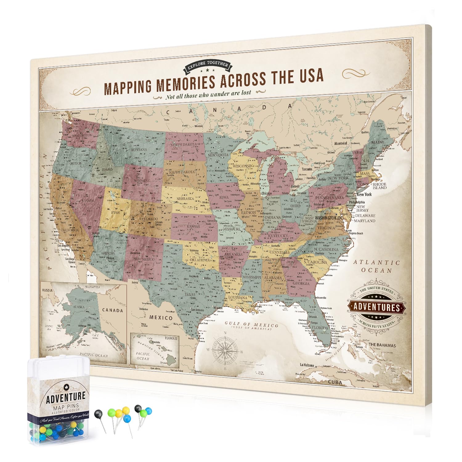 DECORARTS USA Travel Map with Pins, Soft Pastel USA Map Pin Board, 35x28''