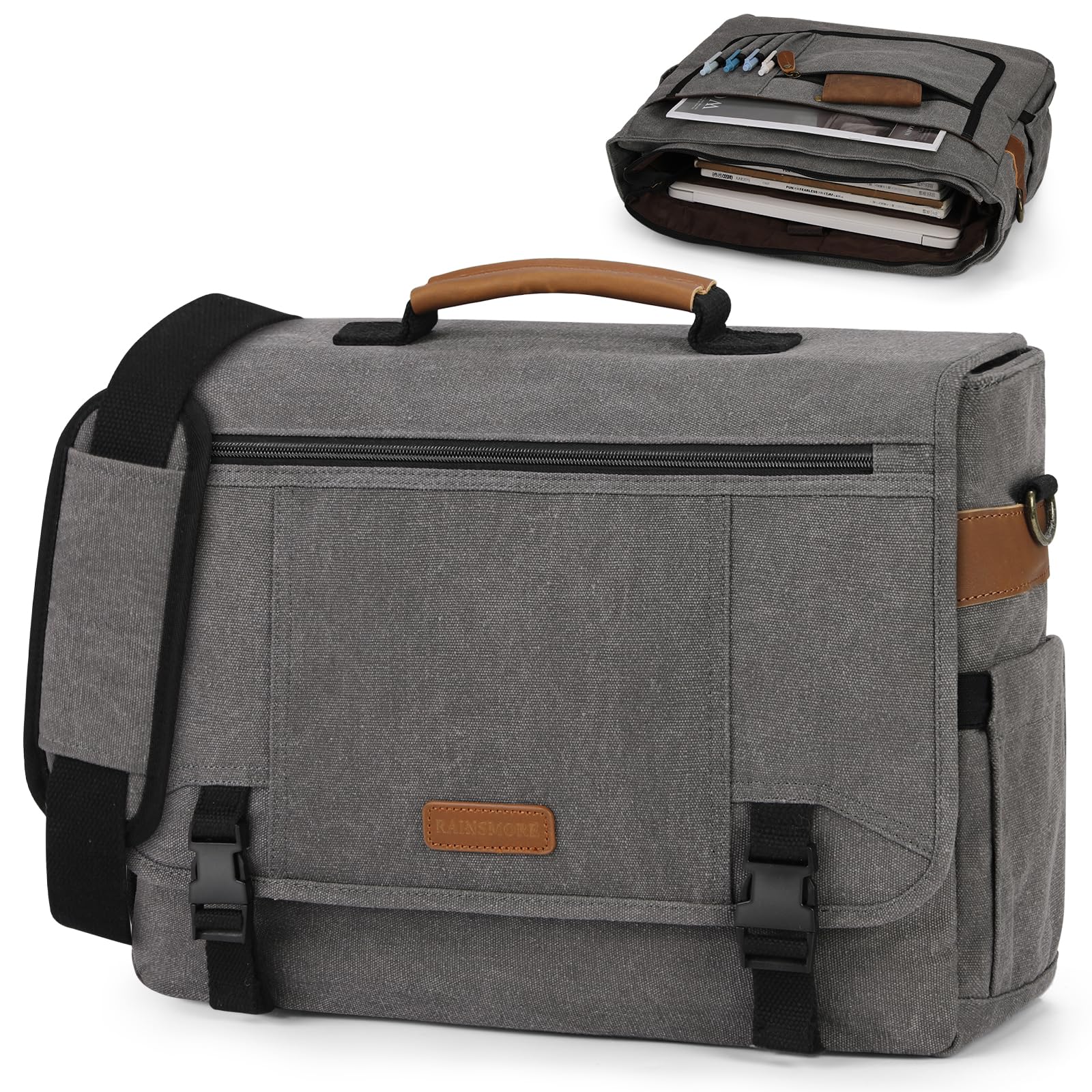 RAINSMORE Messenger Bag for Men 17-17.3 Inch Laptop Bag Canvas Briefcase Satchel Large Computer Shoulder Bag for Work Office