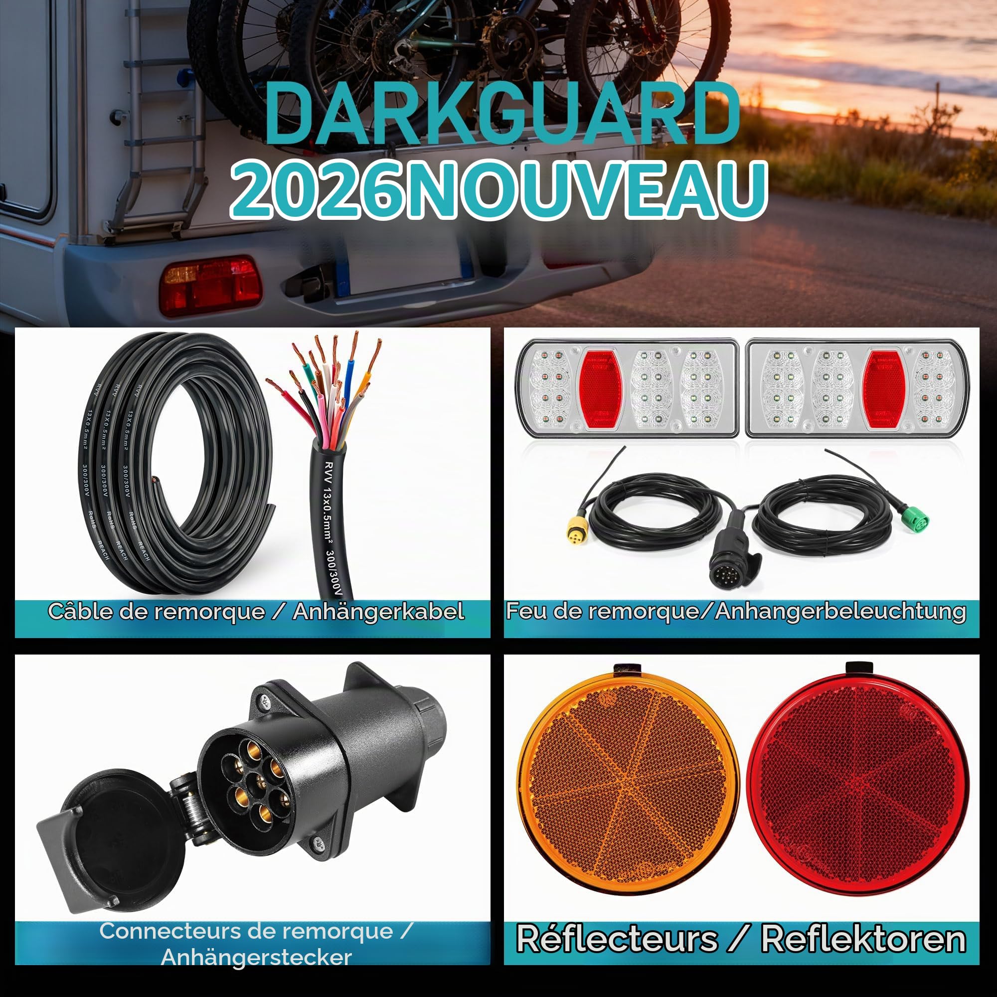 Feux Arriere de Remorque Led 12V 24V 7Functions Kit Éclairage Remorque 13 Broches IP65 Étanche Approuvé E57 avec Connecteur Baïonnette 5P 5.5M Précablé & 25cm Extra pour Caravane Camion