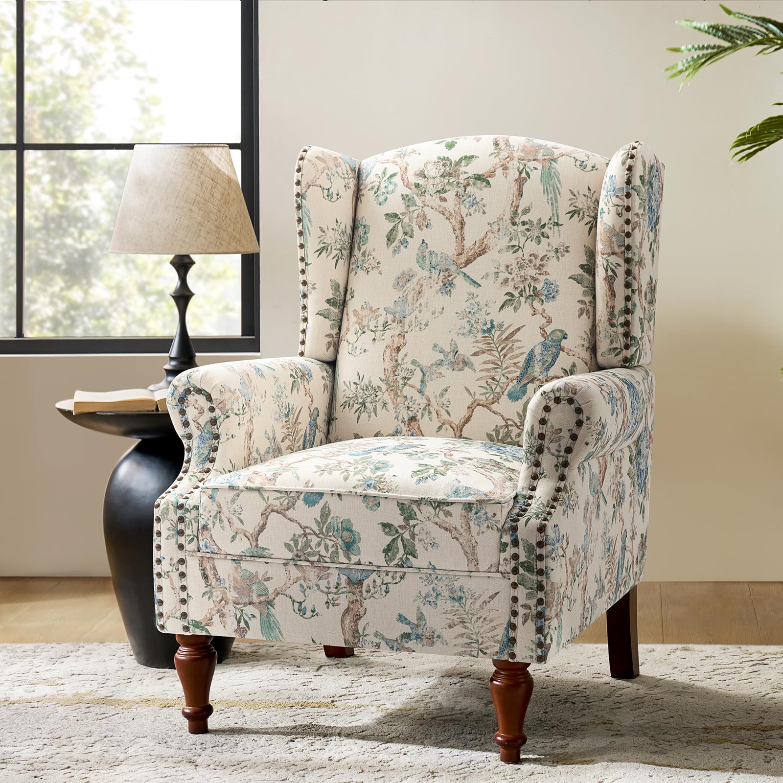 HULALA HOME Floral Fabric Armchair Pattern Wingback Design Roll Arm with Cutaway Sofa Rubber Wood Spindle Legs for Living Room, Bird