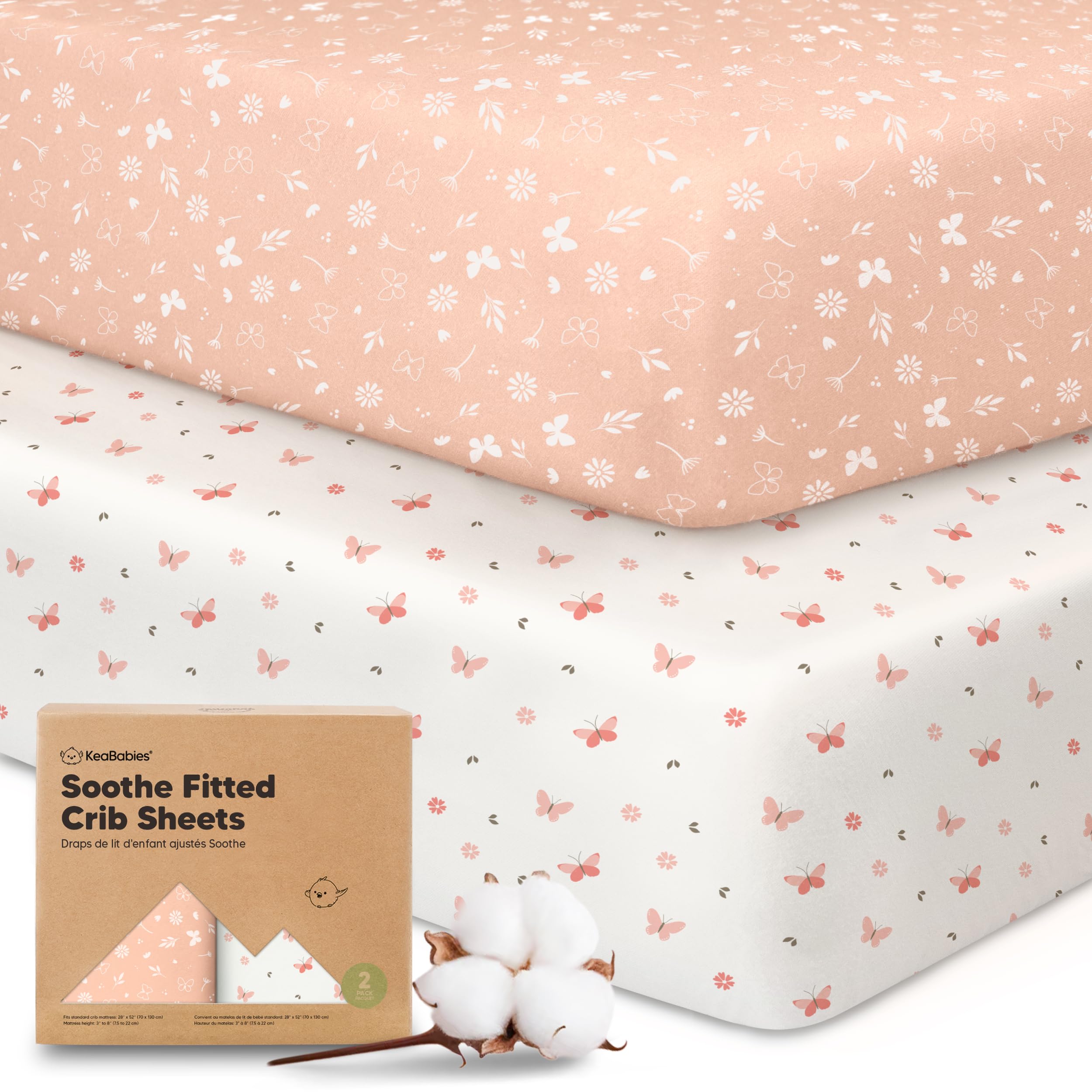 KeaBabies 2-Pack Organic Crib Sheets for Boys, Girls - Fitted Crib Mattress Sheet Neutral, Breathable Jersey Cotton Cover for Baby Bed, Toddler Mattress, Soft & Cute Prints (Butterflies)