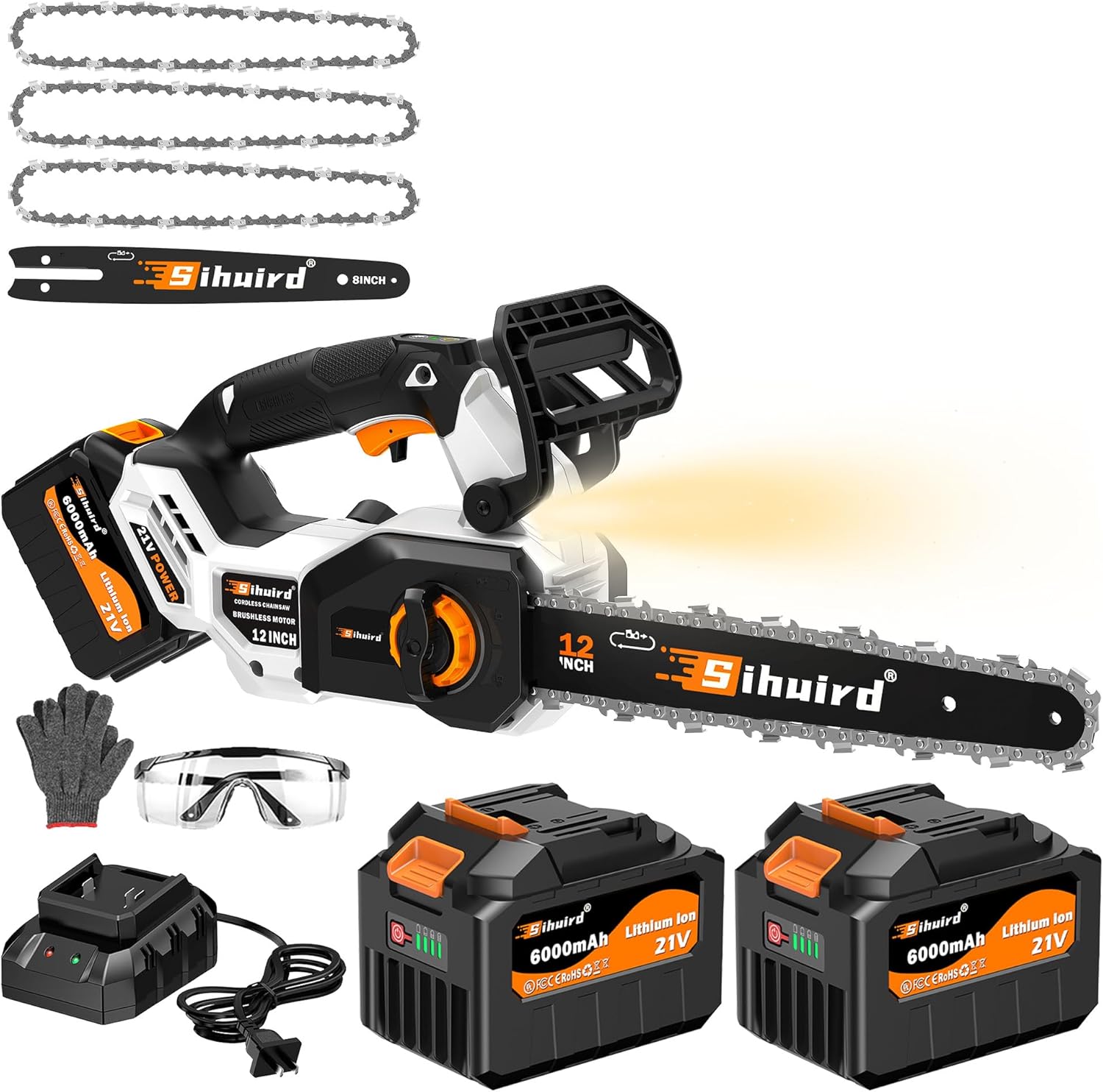 Sihuird 12-Inch Cordless ChainSaw, Brushless Motor Electric Chainsaw with 2 x 21V 6.0Ah Battery and Charger, with LED lighting and Tool-free Chain Tension & Auto Lubrication for Tree, Wood Cutting