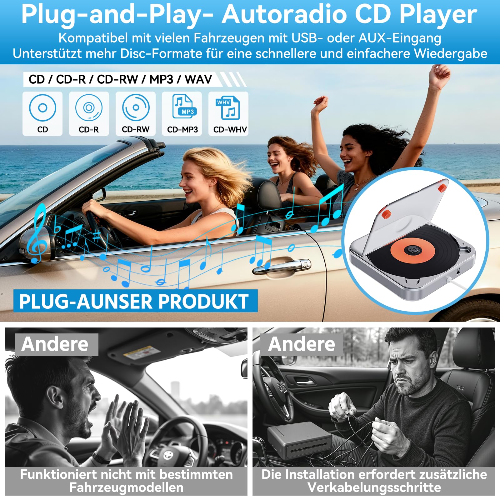CD Player für Auto mit USB, CENXINY CD Laufwerk Externes mit AUX, Universal CD Player für Auto mit USB-Typ-C-Adapter, inklusive 1.5M USB-Verlängerungskabel,1 m AUX-Kabel,kompatibel mit Autoradio