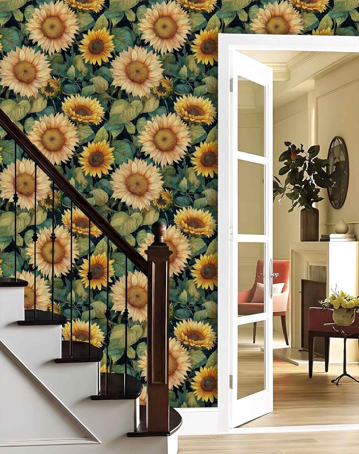 Sunflower Peel and Stick Wallpaper, Rustic Floral Botanical Wallpaper for Home Decor | Self-Adhesive, Waterproof Vinyl, 17.7" x 118"