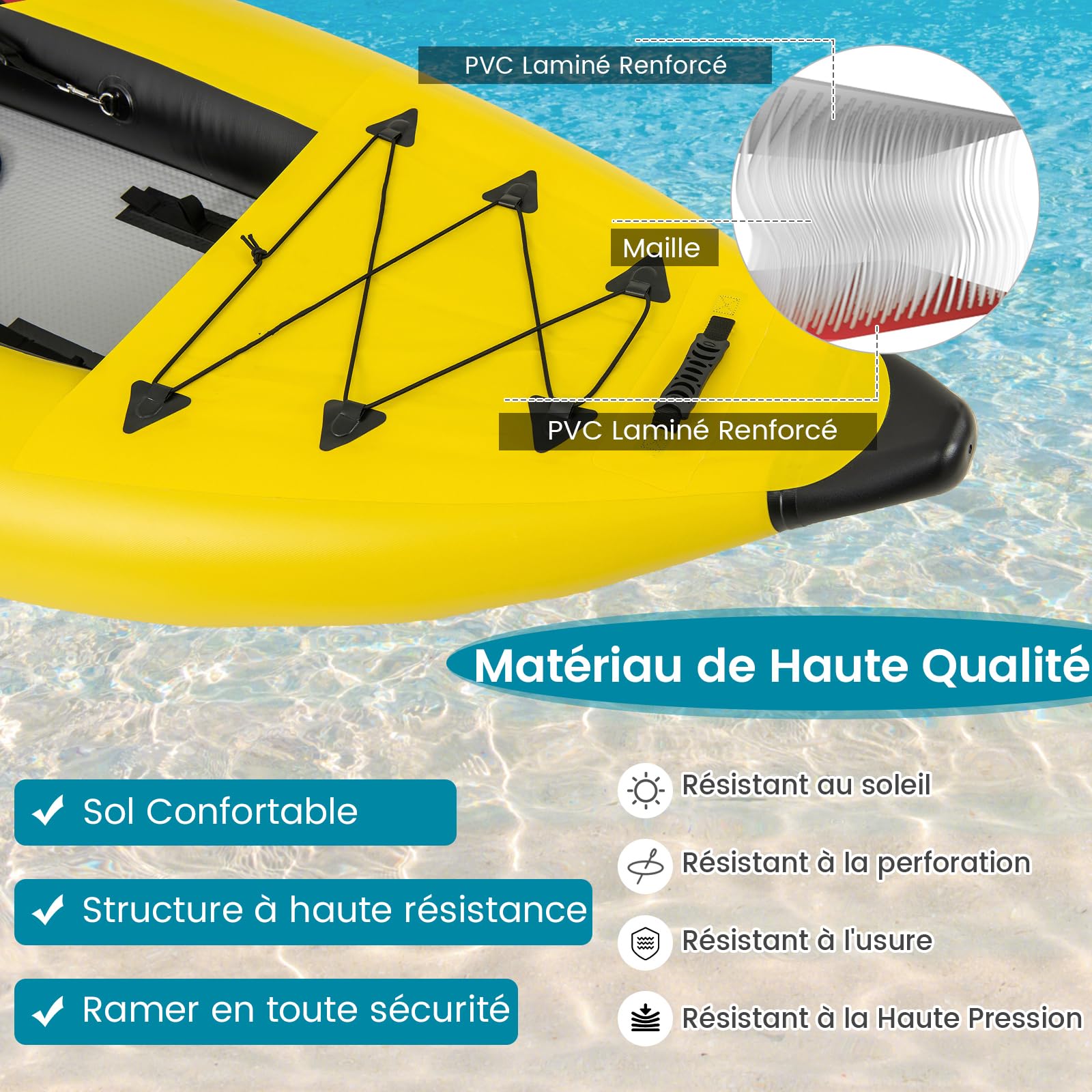 GYMAX Kayak Gonflable pour 2 Personnes, 2 Pagaies en Aluminium, Pompe à Main, 2 Ailerons, Sièges Rembourrés, Repose-Pieds Réglables, Capacité 230 Kg