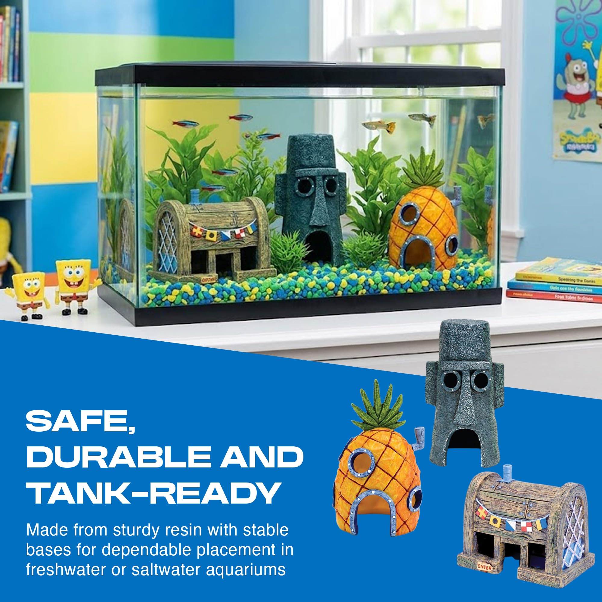 Penn-Plax Officially Licensed Spongebob Squarepants® Fish Tank Decorations | Spongebob's Pineapple, Squidward Home, and The Crusty Crab Resin Figurines