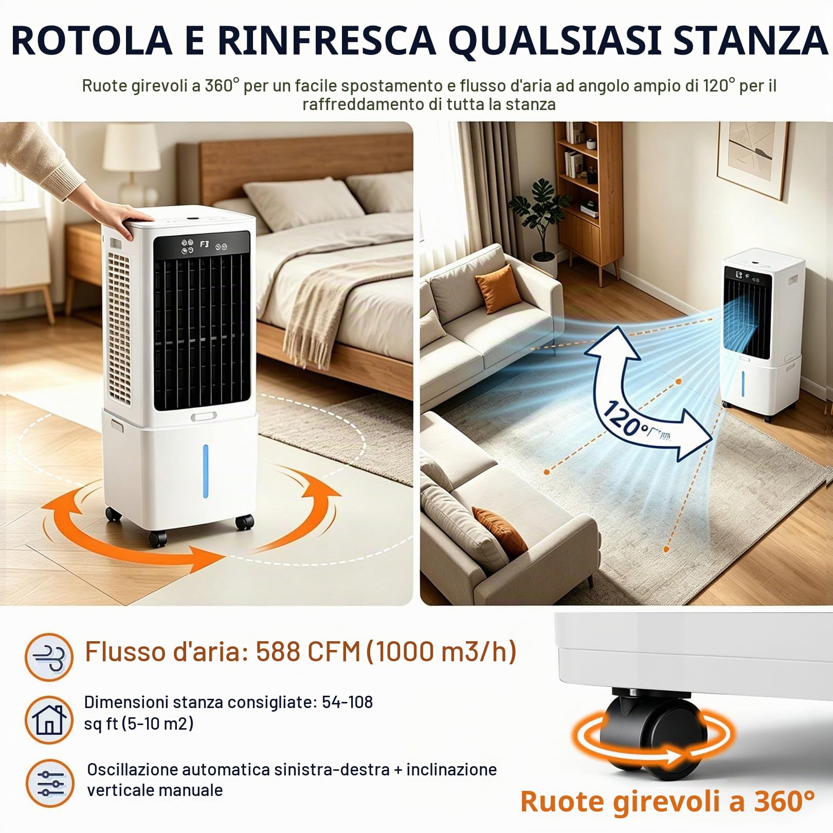 Raffreddatore d'aria evaporativo 3 in 1 con telecomando, serbatoio dell'acqua da 12 litri, ventola di raffreddamento evaporativa con 3 velocità, 3 modalità vento, oscillazione di 120°(12L)