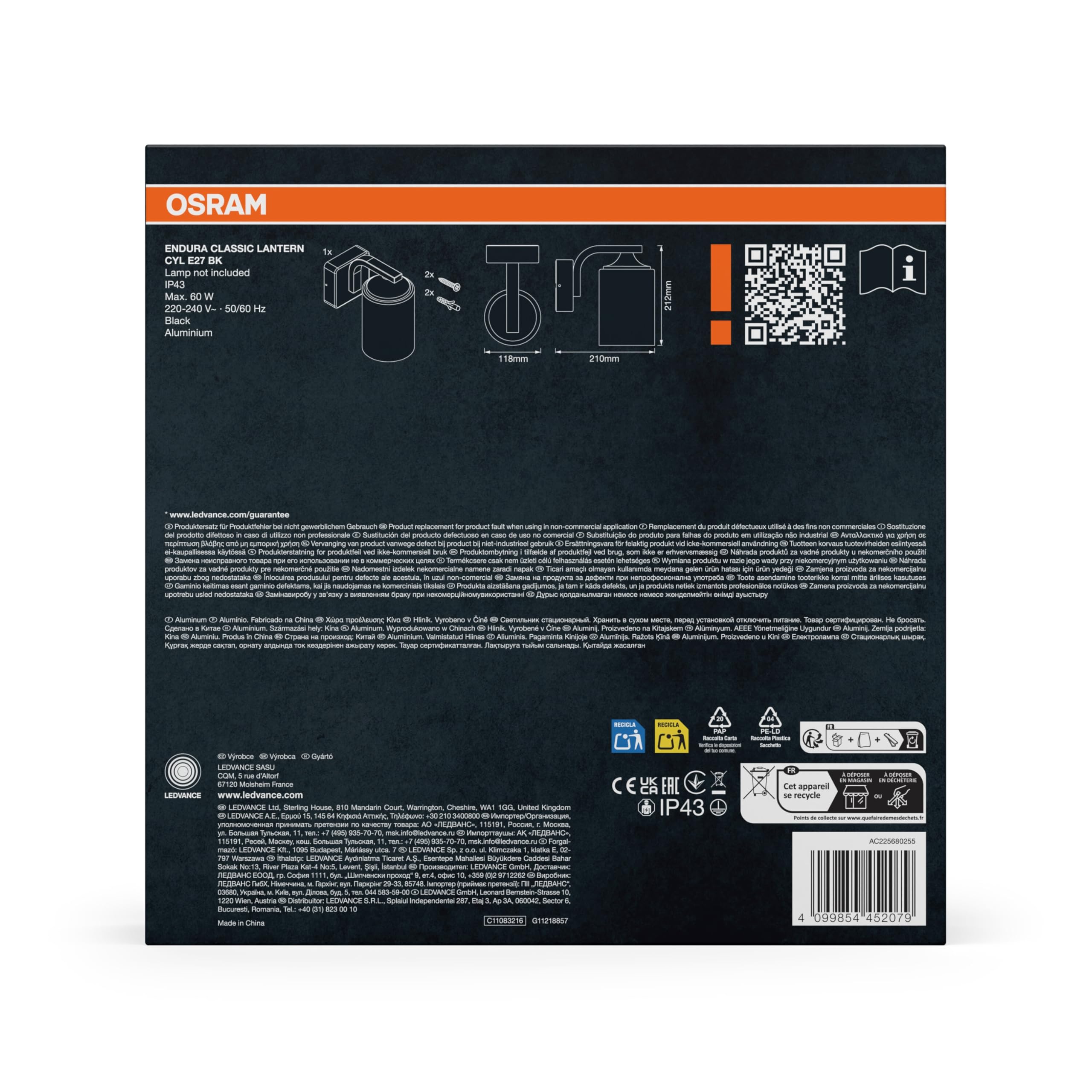 OSRAM Kinkiet ENDURA Classic, czarny, E27, IP43, obudowa aluminiowa, szklany dyfuzor, nadaje się do użytku na zewnątrz, bez żarówki