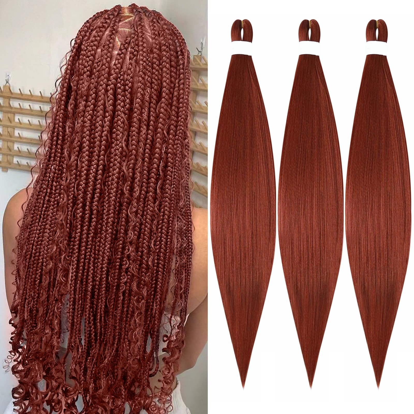 Braiding Hair Pre Stretched for Women Hair Extensions Box Braids Soft Synthetic Knotless Yaki Texture Hot Water Setting Braid Ginger (24inch 3Packs)