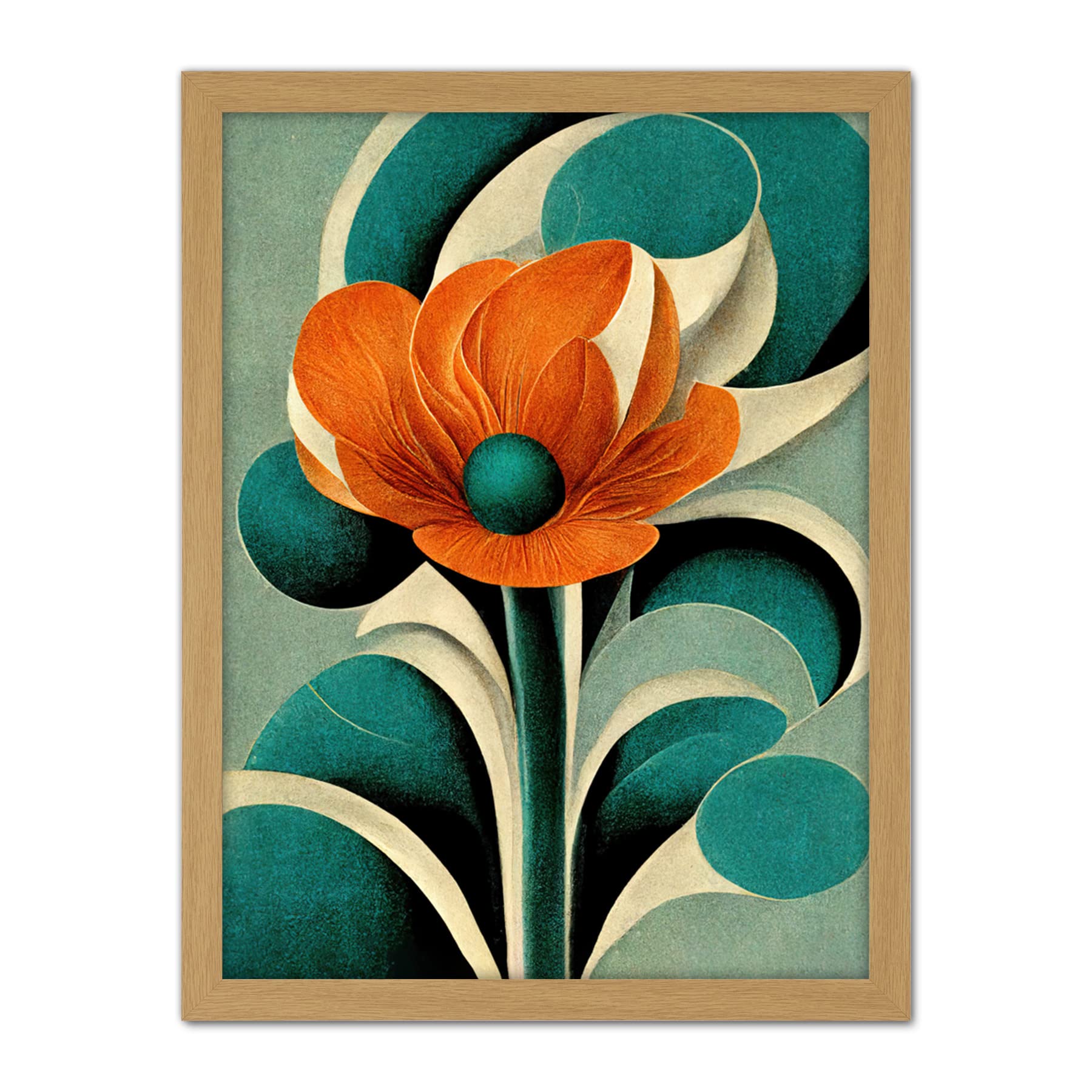 Doppelganger33 LTD Art Deco Poppy Flower Teal Orange Cream Artwork Framed Wall Art Print 18X24 Inch