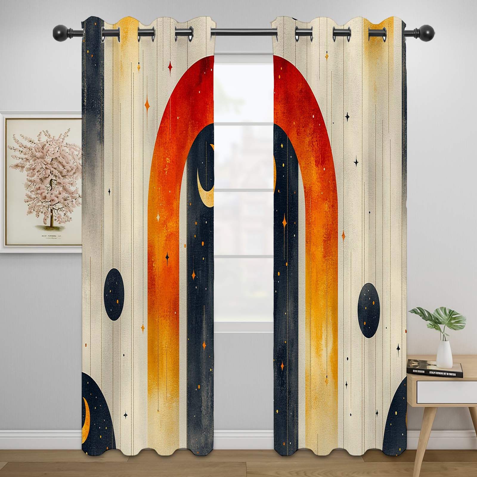 Aquarell Gardinen Blickdicht,Bunt Vorhänge, Boho-Himmelskörper-Mond-Sterne Modern Abstrakte Tierdruck Vorhang, Verdunklungsvorhänge für Schlafzimmer Wohnzimmer,-H240 x B140 cm (2er Pack)