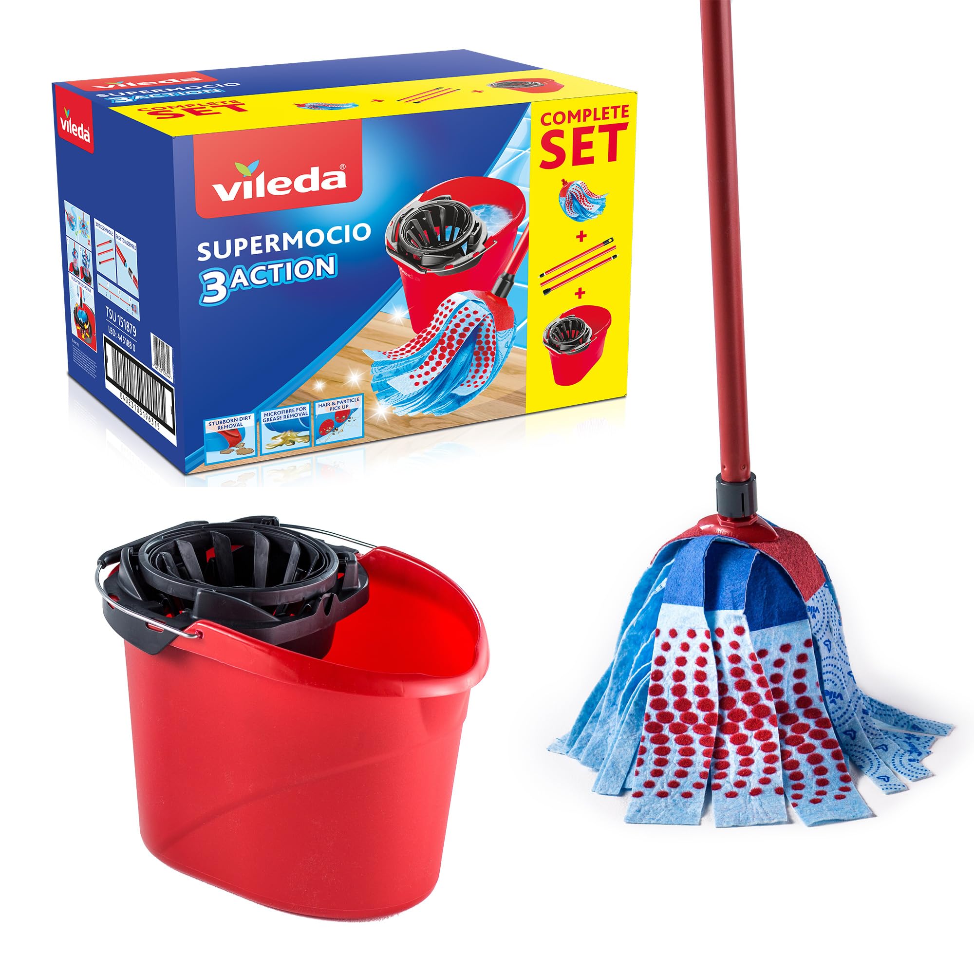 Vileda SuperMocio 3Action Mop and Bucket Set, Mop for Cleaning Floors, Set of 1x Mop and 1x Bucket, Red/Grey/Blue