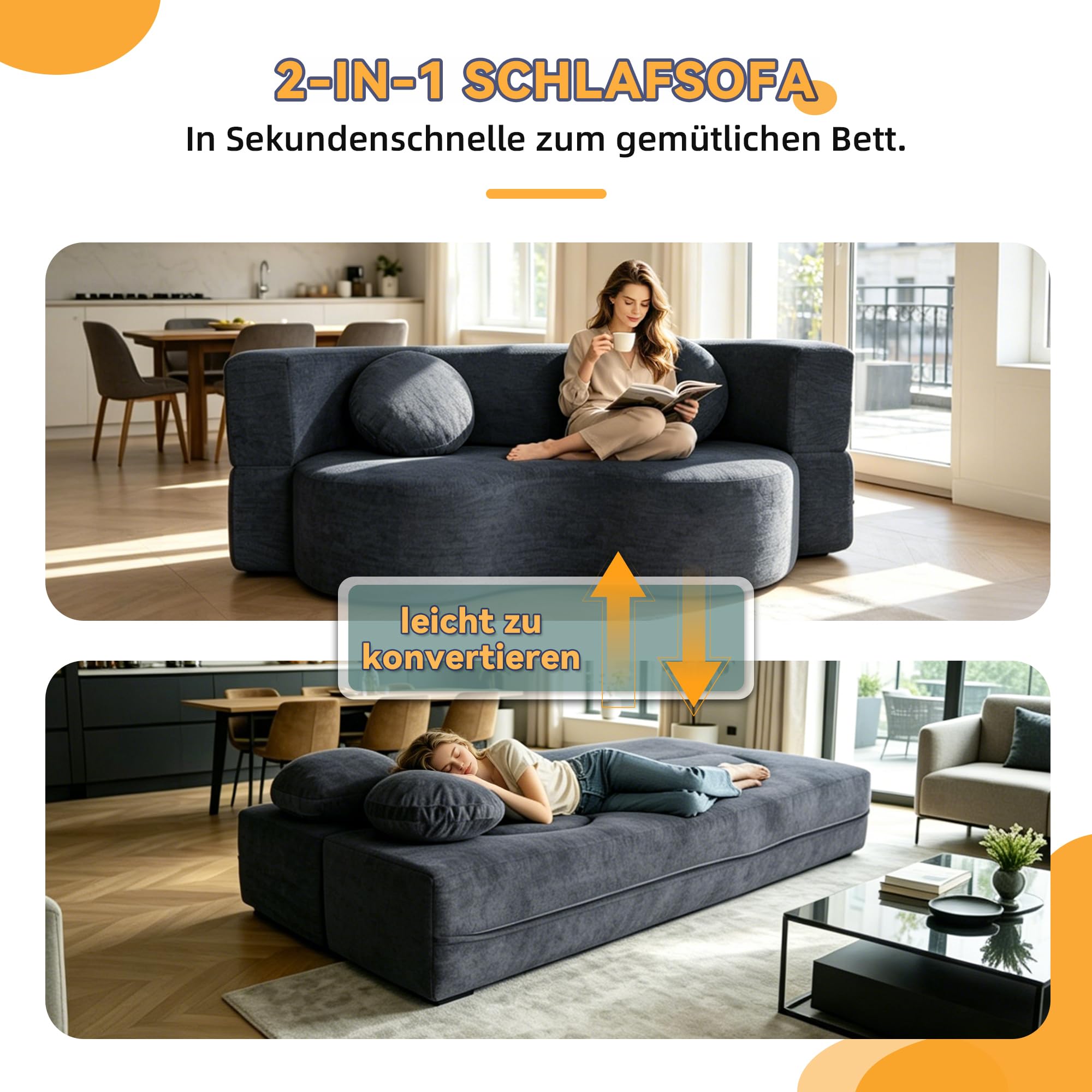 Schlafsofa 200cm Breit, Bodensofa Bed mit Pillow Back Support Armrest mit Kuscheliger Chenille-Stoff, 3-Sitzer Sofa mit Schlaffunktion für Wohnzimmer, Apartment, Schlafzimmer, Blaugrau