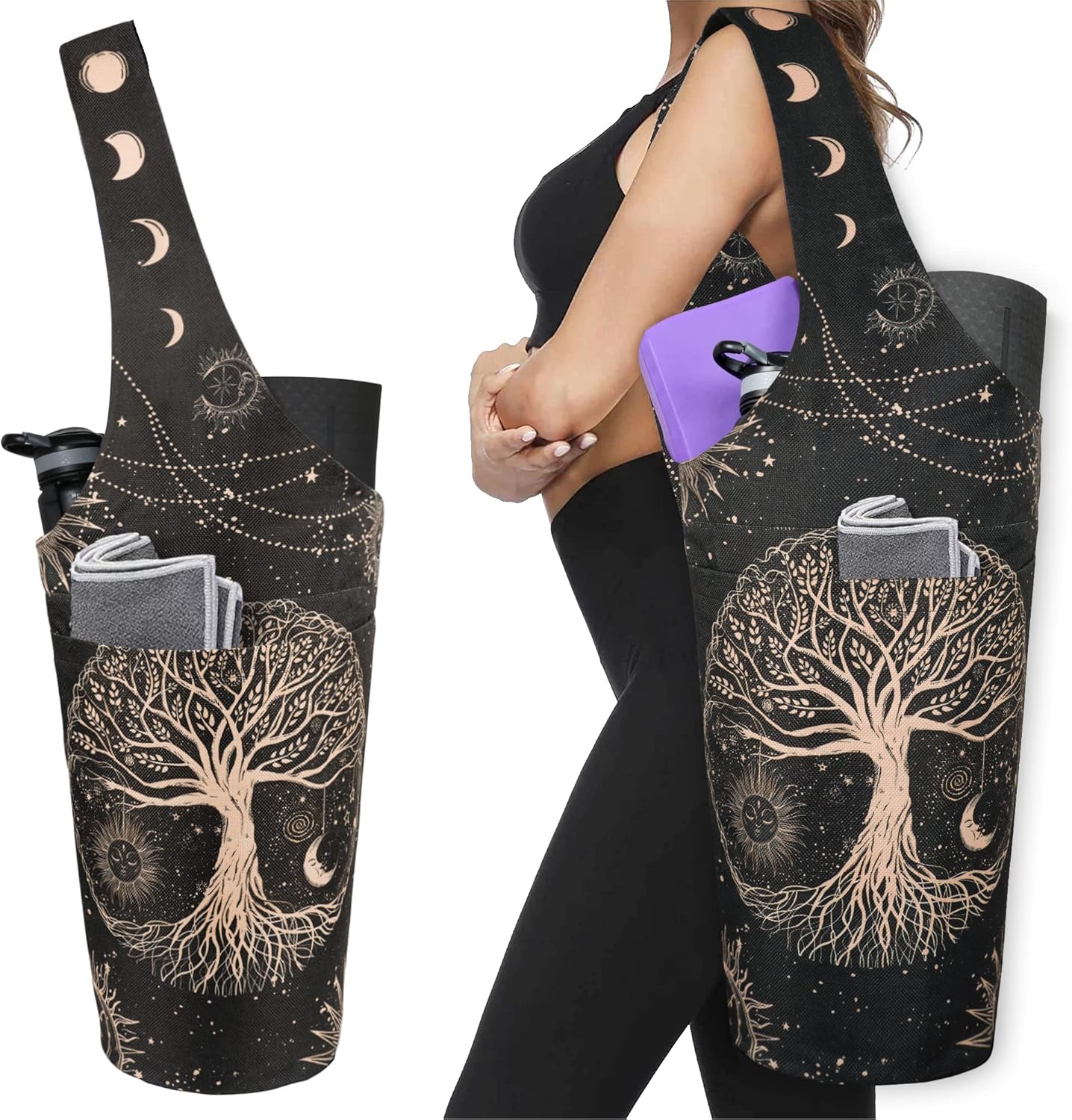 Fashion Printed Yoga Mat Bag with Large Side Pocket & Zipper Pocket Long Tote Yoga Bag Fit Most Size Mats - Holds More Yoga Accessories
