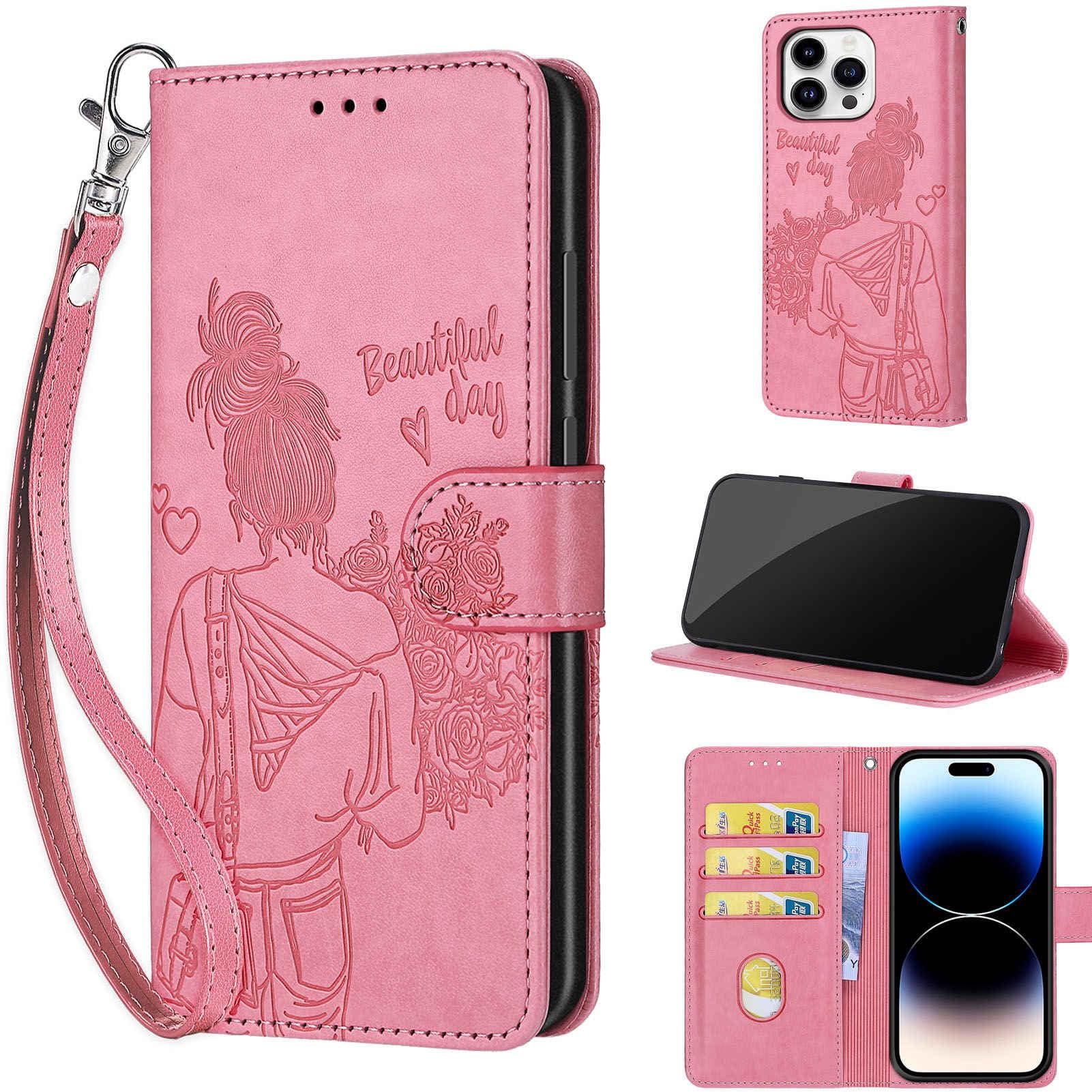 KENHONER Designed for iPhone 14 Pro Case Wallet,Women Flip Folio Cover with Embossed PU Leather Stand Credit Card Holders Slots Wrist Strap Phone Case