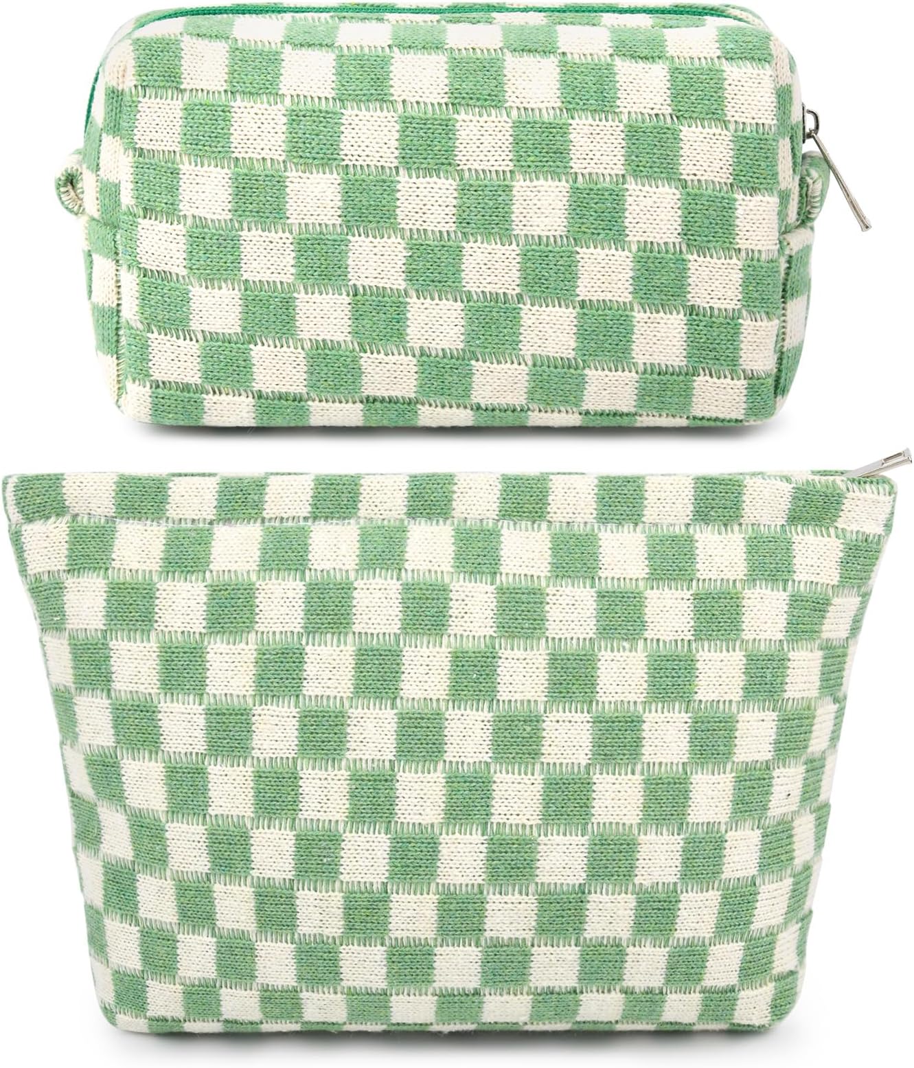2 Pcs Checkered Makeup Bag Large Cosmetic Bag Toiletry Bag Makeup Pouch Travel Bag Organizer Cute Makeup Brushes Aesthetic Accessories Storage Bag for Women Green