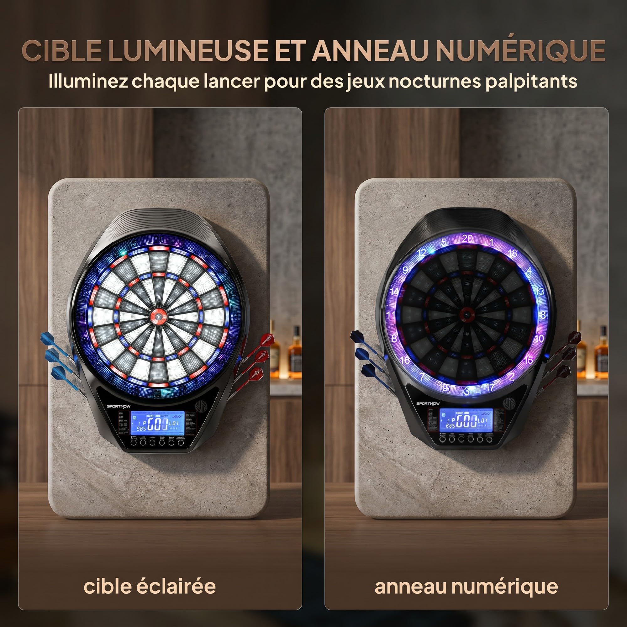 SPORTNOW Cible de Fléchettes Électronique avec écran LED XXL Lumineux Rechargeable, Jeu de Fléchettes Électronique pour 8 Joueurs, 6 projectiles, 24 Pointes, 34 Jeux, 2235 Variantes