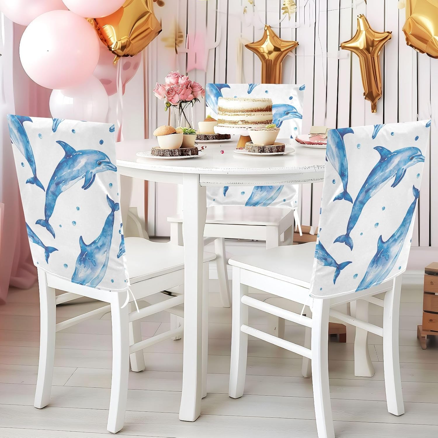 ALAZA Blue Dolphin Chair Back Cover Set of 6, Washable Reusable Removable Chair Slipcovers Decorative Chair Cover for Home Kitchen Wedding Party