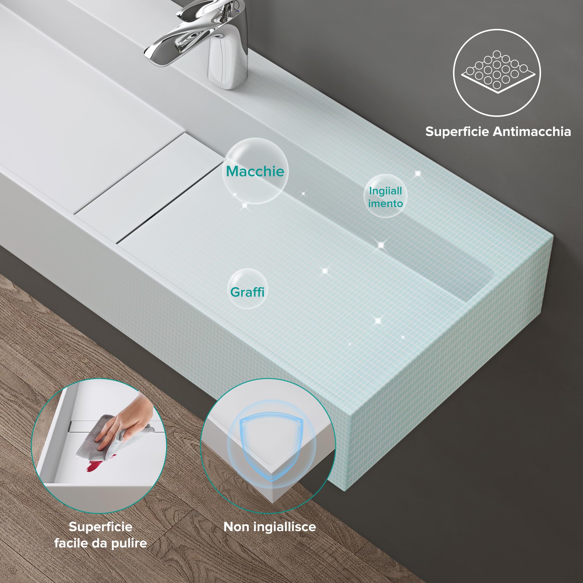 doporro Lavabo Bagno Sospeso Rettangolare Lavabo da Appoggio con Foro Rubinetto 80 x 40 x 14 cm Bianco Opaco Lavandino in Resina Minerale Ideale per Casa Ristorante e Hotel Design Colossum6028