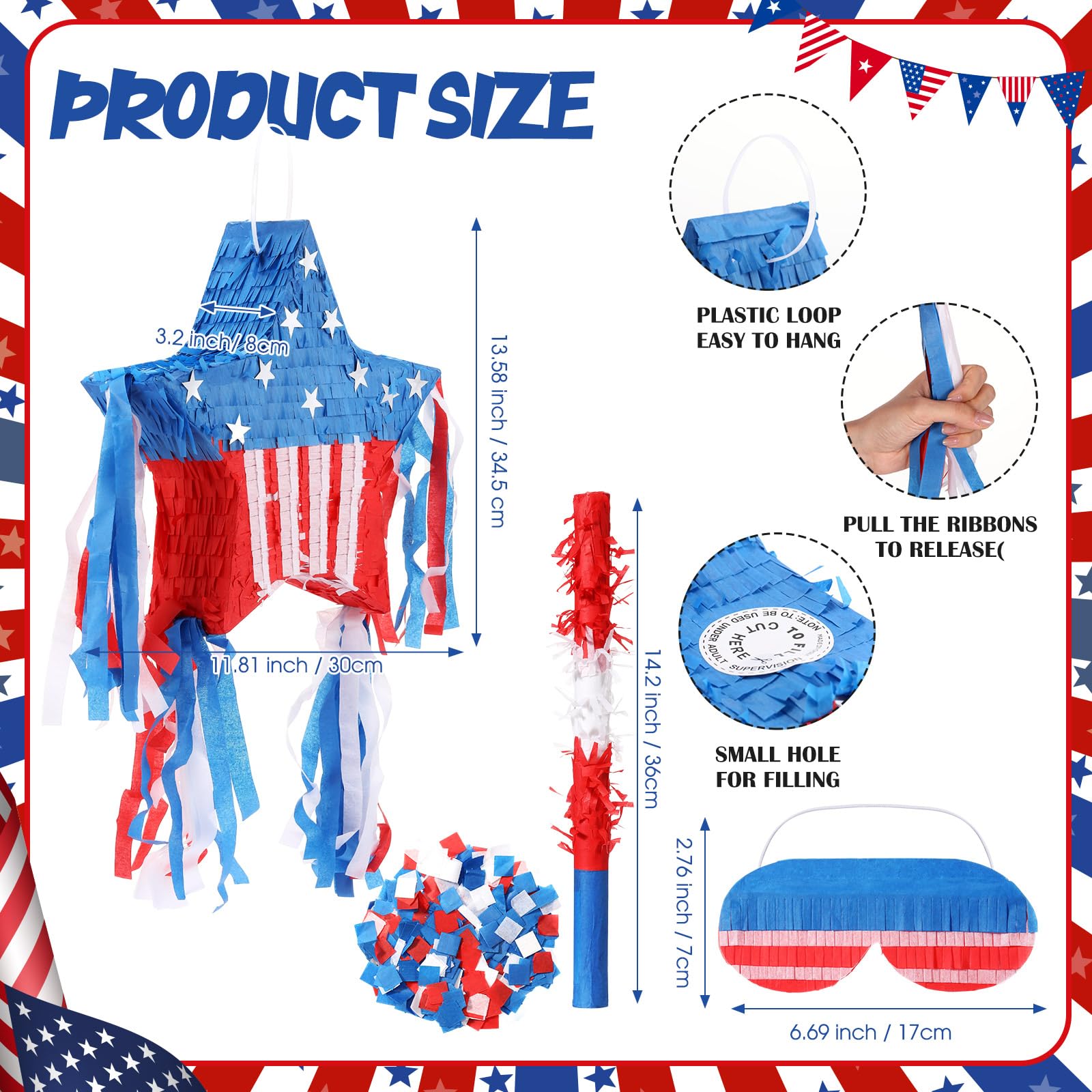 Lunmon Patriotic Piñata Decorations Independence Day Piñata with Blindfold Stick and Confetti for Holiday 4th of July USA Themed Party Supplies Centerpiece Decors(Exquisite)