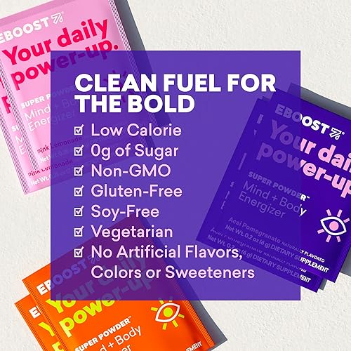 Miniatura 6 de EBOOST Super Energy - Mezcla de bebida en polvo, suplemento de electrolitos sin OMG cargado con vitaminas (granada Acai), 0.2 onzas (paquete de 20)