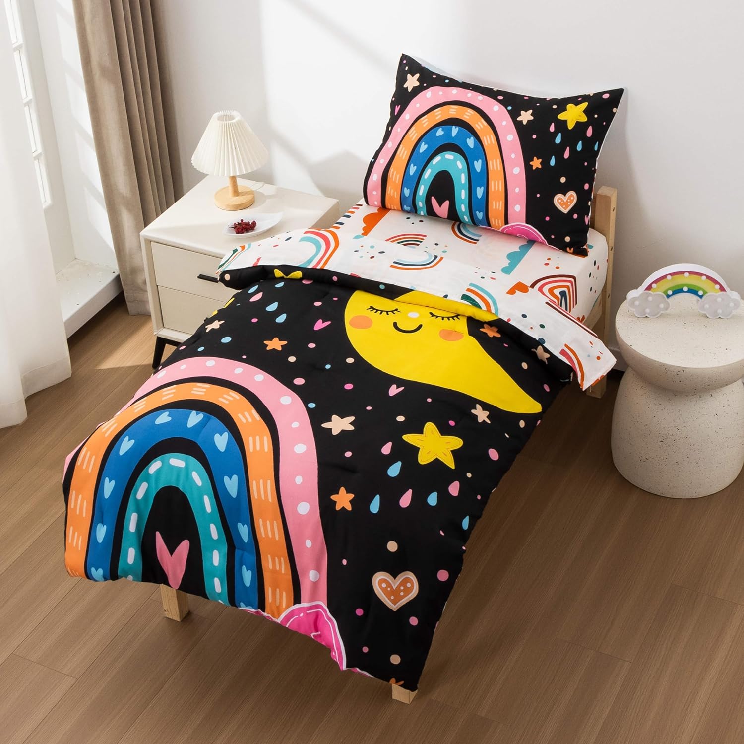 Btargot 4 Pieces Ultra Soft Toddler Bedding Set, Cartoon Love Hearts and Rainbow Moon Pattern Comforter Sets for Baby Girls Kids, Black