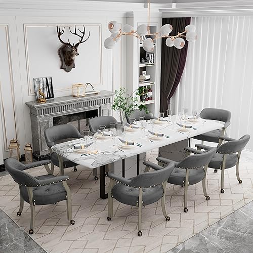 Miniatura 37 de Juego de 4 sillas de cuero de comedor con ruedas y brazos, silla de capitán Accent con ruedas, sillas de madera con ruedas enrollables para cocina y
