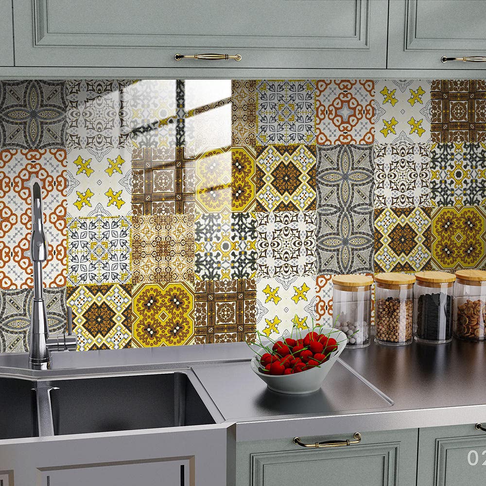 Piastrelle Adesive Cucina Giallo Senape Vintage Mattonelle Adesive Bagno Pavimento PVC Adesivo Impermeabile a Prova di Spruzzi Mattonelle Adesive Resistente al Calore Adesivi Murali 20x20cm/10 Pcs