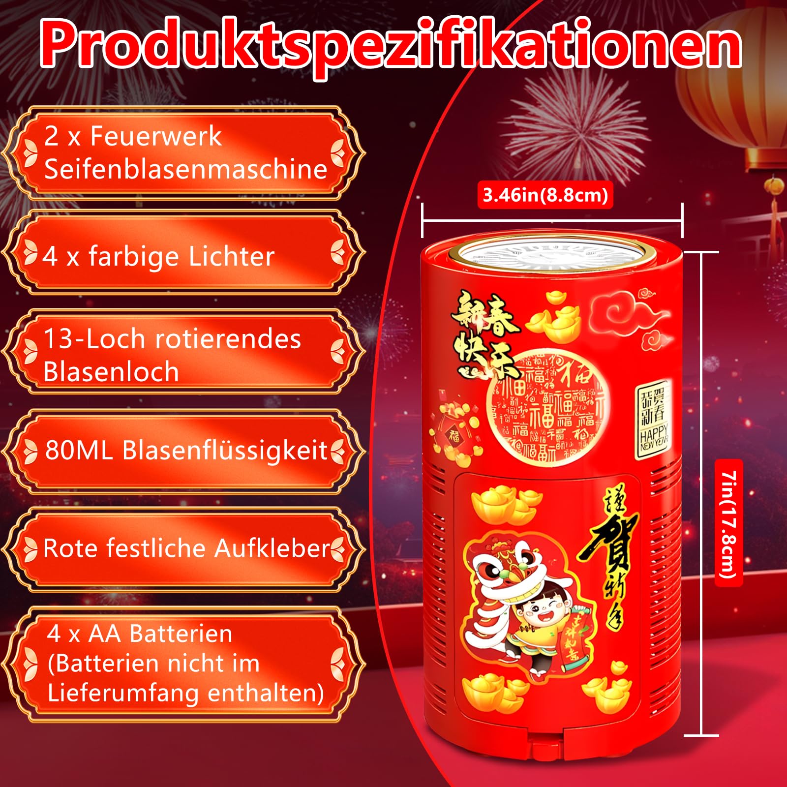 Feuerwerk Seifenblasenmaschine, 2-Packung 13-Loch-Design Automatischer Feuerwerk Seifenblasenhersteller mit Lichtern und abschaltbarem Sound für Kindergeburtstag Hochzeit Party Garten Karneval