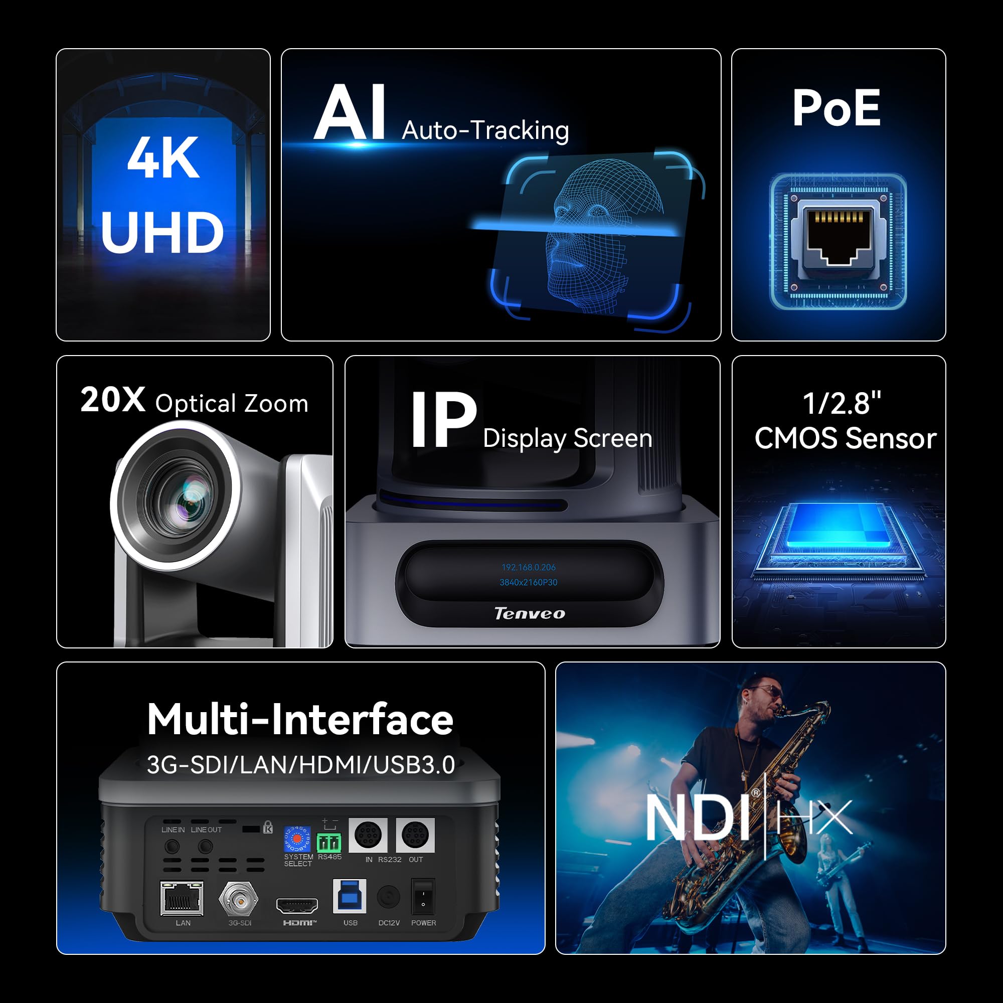 Tenveo Caméra PTZ 4K NDI, Suivi Automatique IA, Zoom Optique 20X, Sorties 3G-SDI USB3.0 HDMI LAN PoE