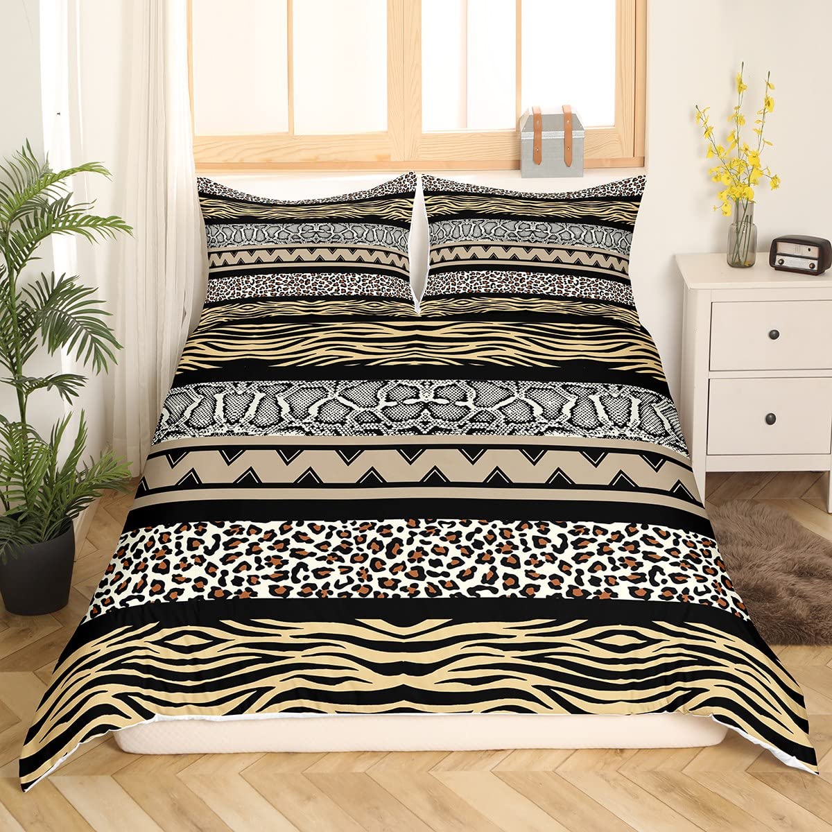 Leopard Print Bedding Set Kids Cheetah Zebra Snake Print Comforter Cover Set for Boys Girls Wild Animal Duvet Cover Breathable Geometric Stripe Bedspread Cover Stripes Quilt Cover Super King - Image 3