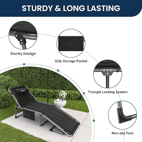 Miniatura 4 de Catre de camping plegable acolchado para adultos con colchón de doble capa, ultra cómodo, tumbona portátil de 5 posiciones para exteriores e
